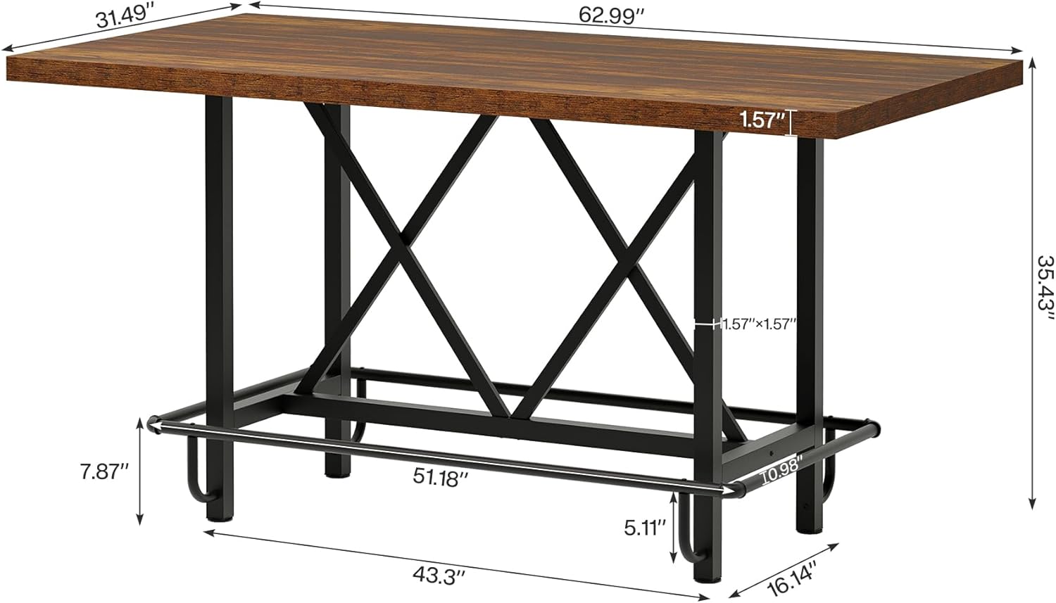 Tribesigns Bar Table, Industrial Counter Height Pub Table with Metal Footrest, 63-Inch Rectangle Wood Kitchen Dining Table with Sturdy Metal Frame for Dining Room, Home Bar (Brown)