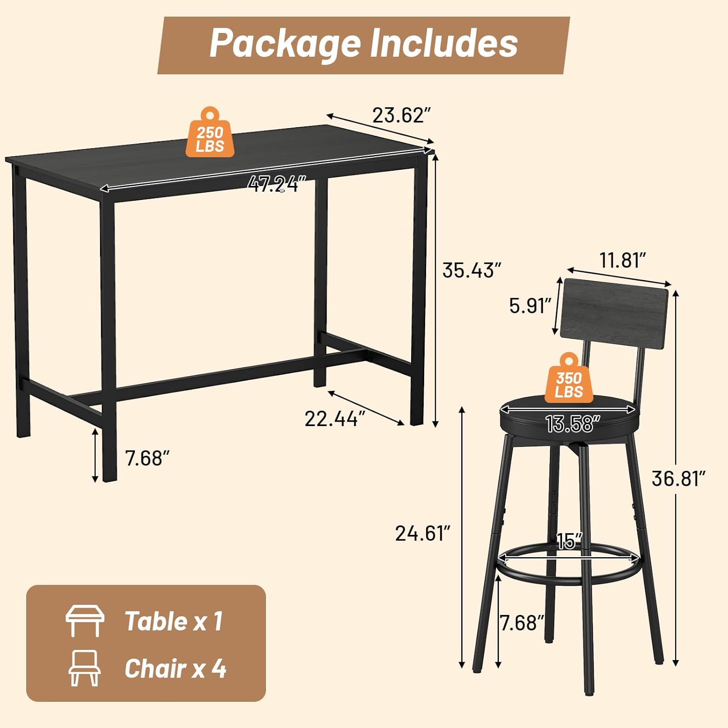 Dining Table Set for 4, 5-Piece Bar Table Set, Kitchen Table and Chairs, Counter Height High Top Table with 4 PU Upholstered Stools, Space-Saving Pub Tables Set for Small Space, Black