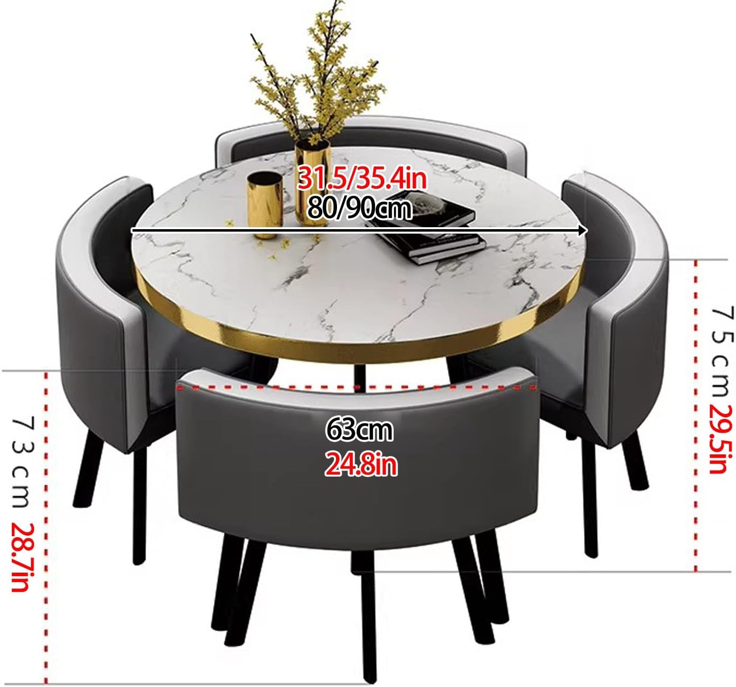 Round Dining Table Set with 4 Chairs, Negotiation Table and Chair Set,Office Reception Room Club Tables for Dining Room,Kitchen,Small Round Tables, Breakfast Bar(Black and Gold,90cm)
