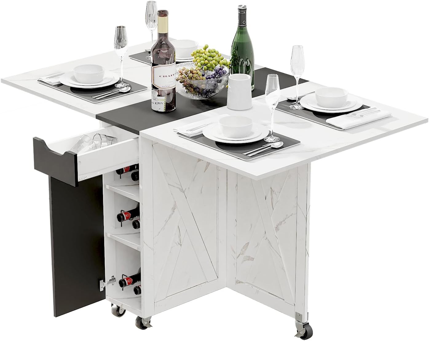 Folding Dining Table, Dinner Table with Drawer and Storage and Shelves, Space Saving Dining Table with 6 Wheels, Kitchen Table for Small Spaces (Light Brown)