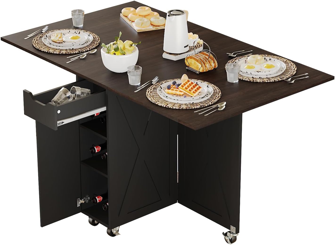 Folding Dining Table, Dinner Table with Drawer and Storage and Shelves, Space Saving Dining Table with 6 Wheels, Kitchen Table for Small Spaces (Light Brown)