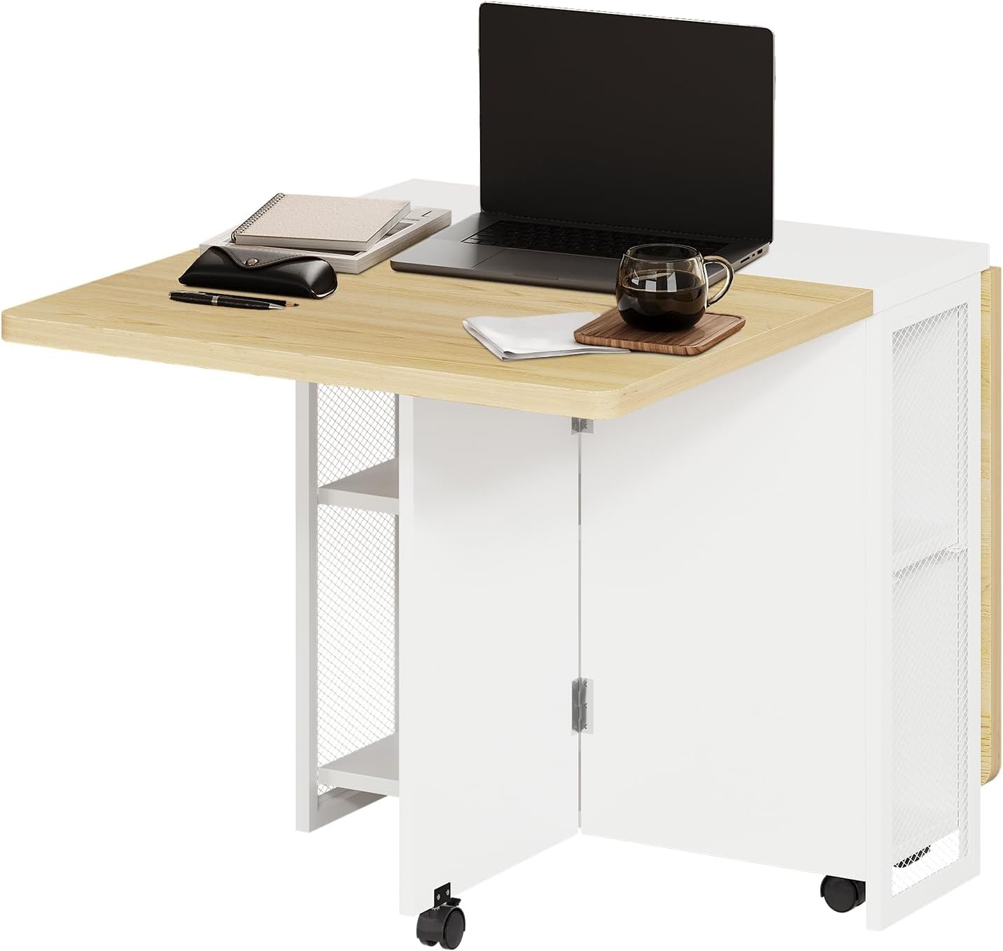 IDEALHOUSE FoldingTable, Drop Leaf Dining Table with 6 Wheels and 2-Layer Storage Shelf, Space Saving Table for Small Spaces (Natural Wood, 47.2" D x 23.6" W x 29.5" H)