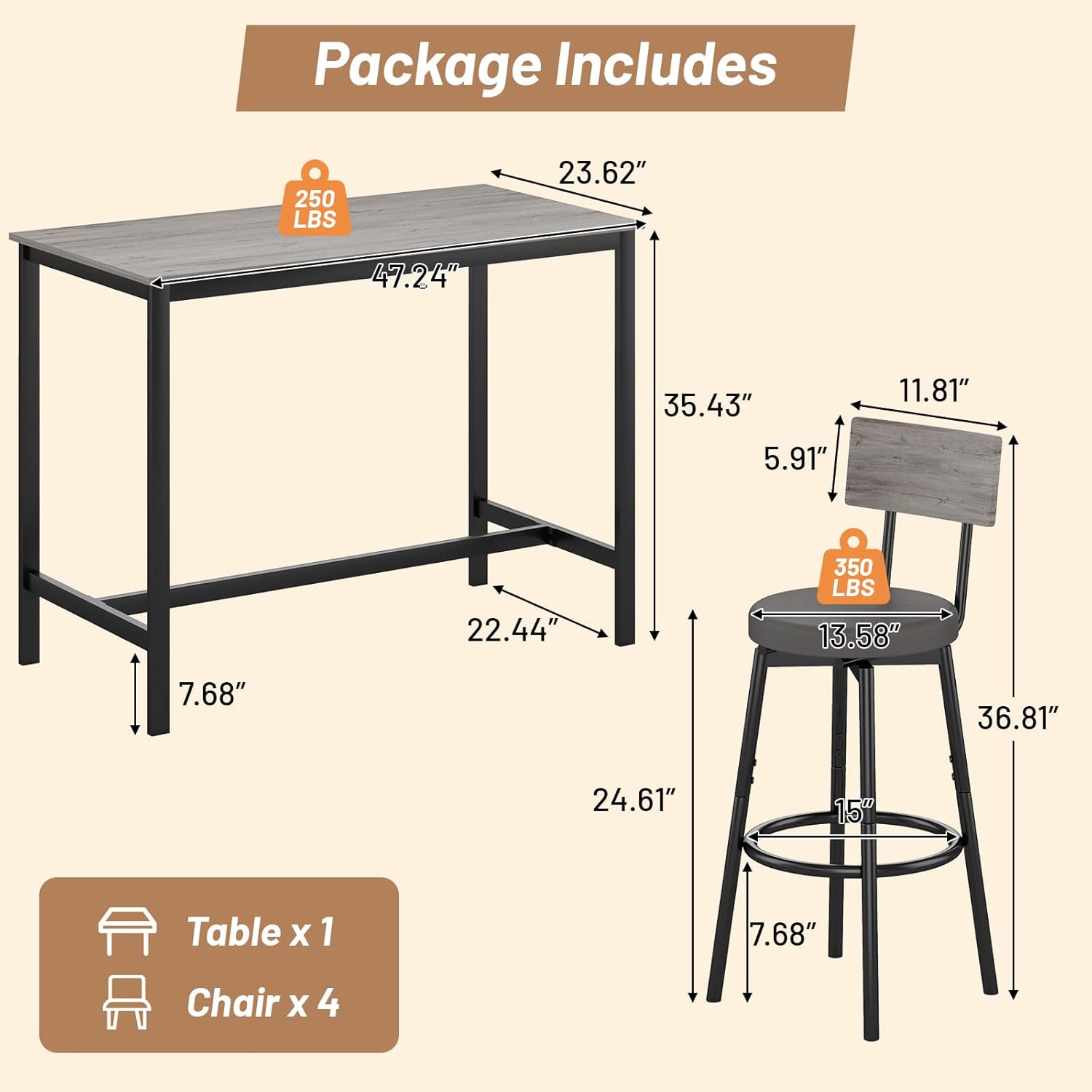 Dining Table Set for 4, 5-Piece Bar Table Set, Kitchen Table and Chairs, Counter Height High Top Table with 4 PU Upholstered Stools, Space-Saving Pub Table Sets for Small Space, Gray