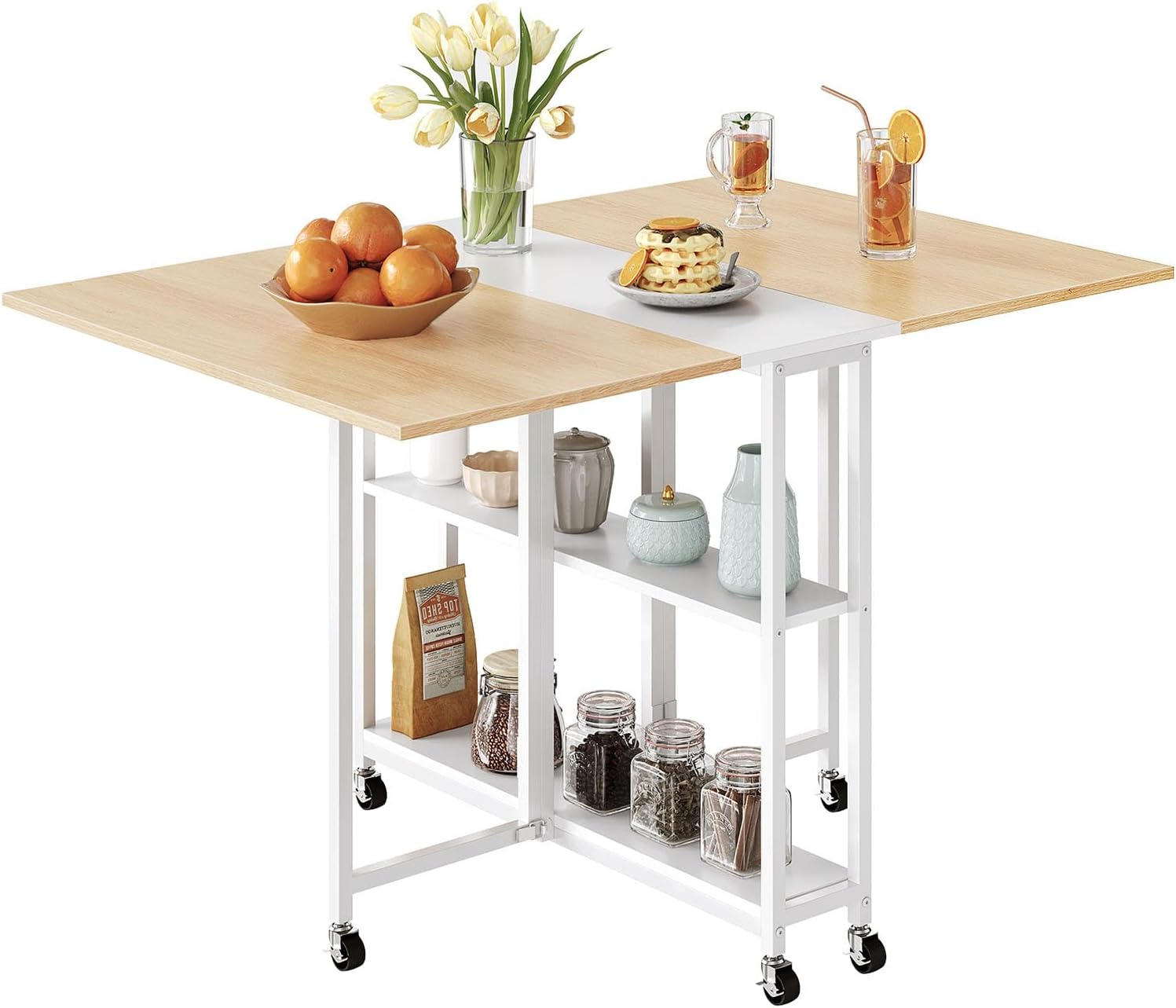 Folding Dining Table, Movable Dining Table, Expandable Kitchen Table, Versatile Table with 6 Wheels and 2-Tier Shelf, for Dining, Living Room, Apartment, Rustic Brown TCZ01BF
