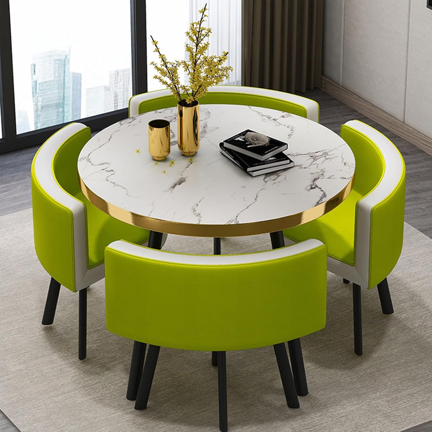 Round Dining Table Set with 4 Chairs, Negotiation Table and Chair Set,Office Reception Room Club Tables for Dining Room,Kitchen,Small Round Tables, Breakfast Bar(Black and Gold,90cm)