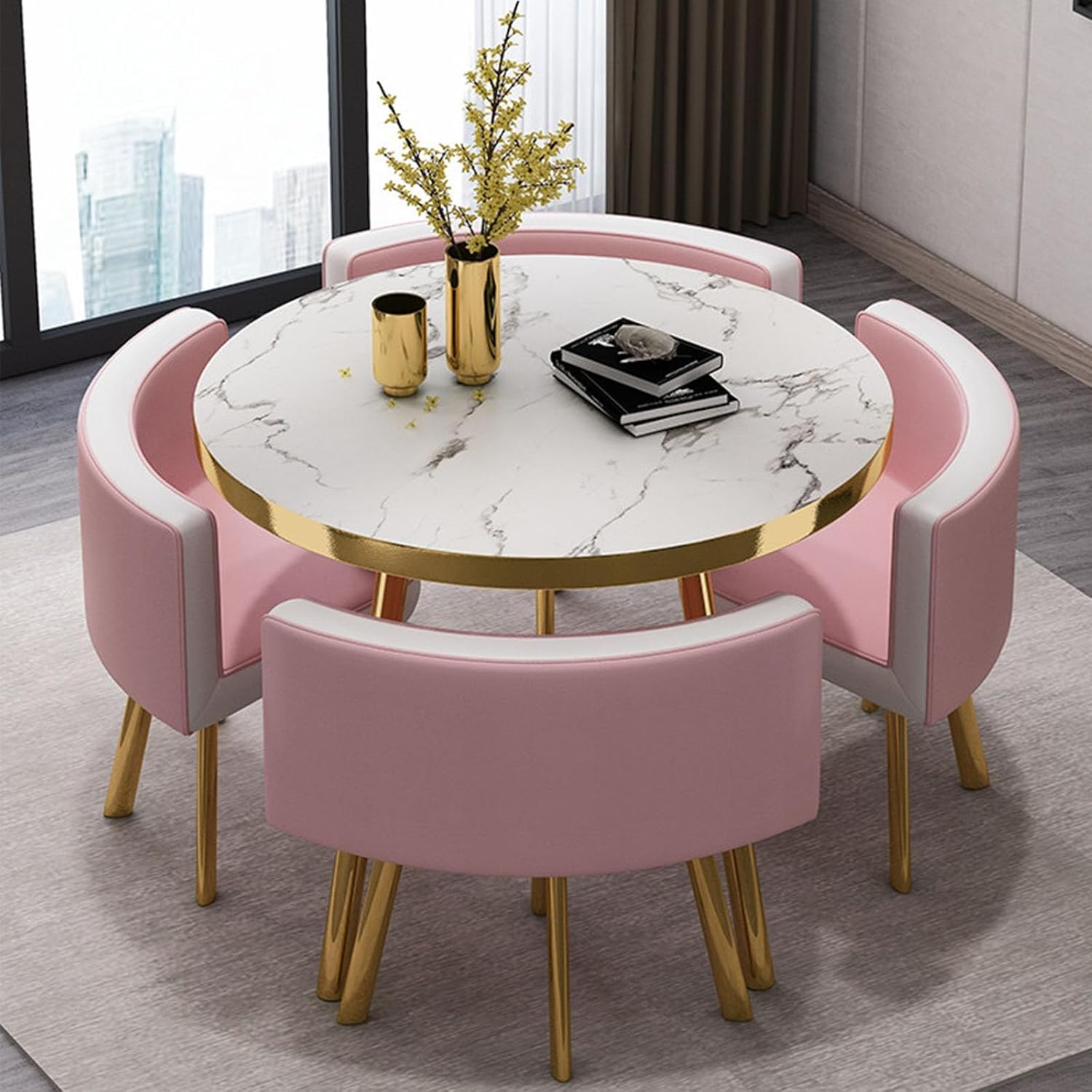 Round Dining Table Set with 4 Chairs, Negotiation Table and Chair Set,Office Reception Room Club Tables for Dining Room,Kitchen,Small Round Tables, Breakfast Bar(Black and Gold,90cm)