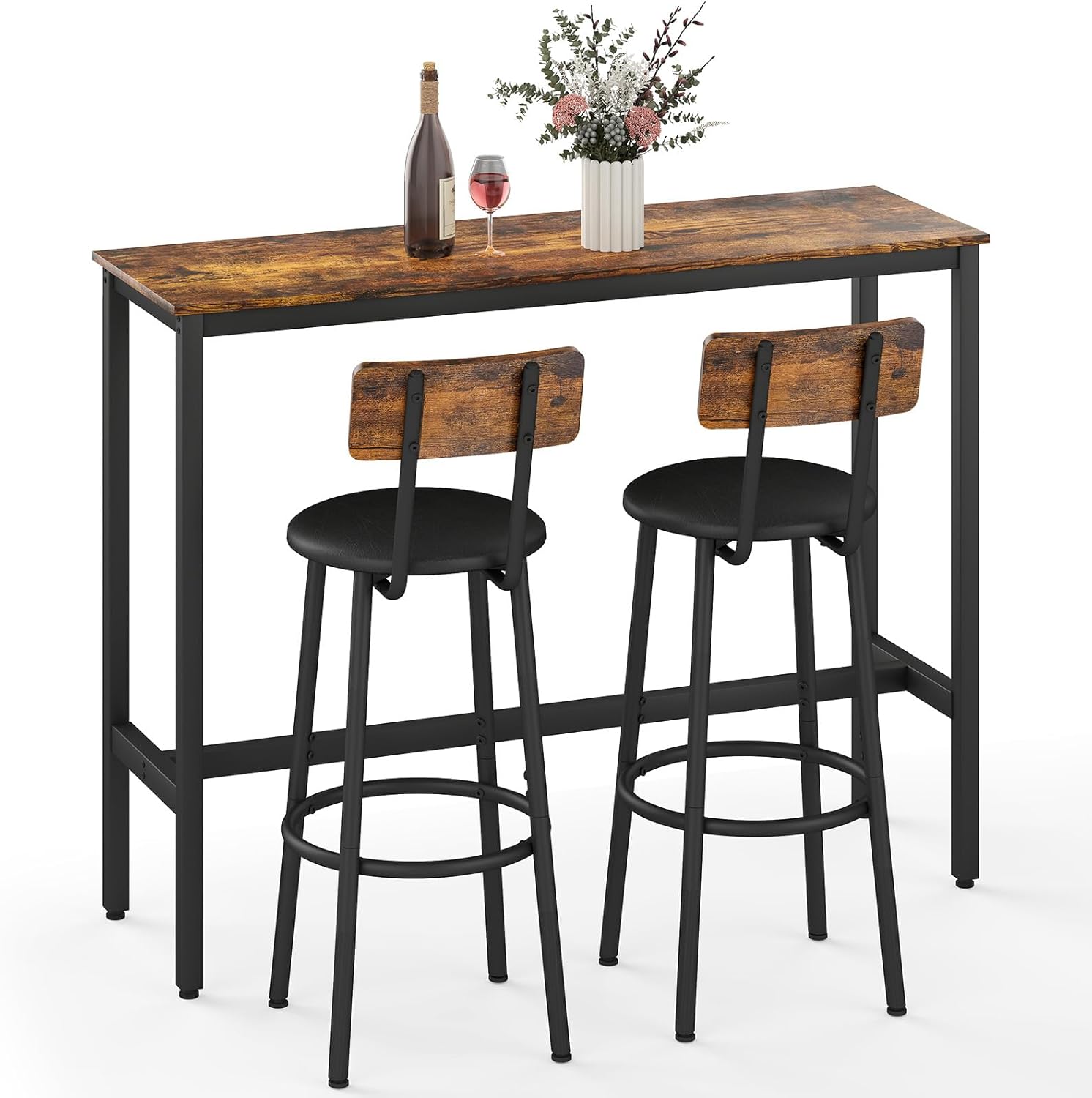 Dining Table Set for 4, 5-Piece Bar Table Set, Kitchen Table and Chairs, Counter Height High Top Table with 4 PU Upholstered Stools, Space-Saving Pub Tables Set for Small Space, Black