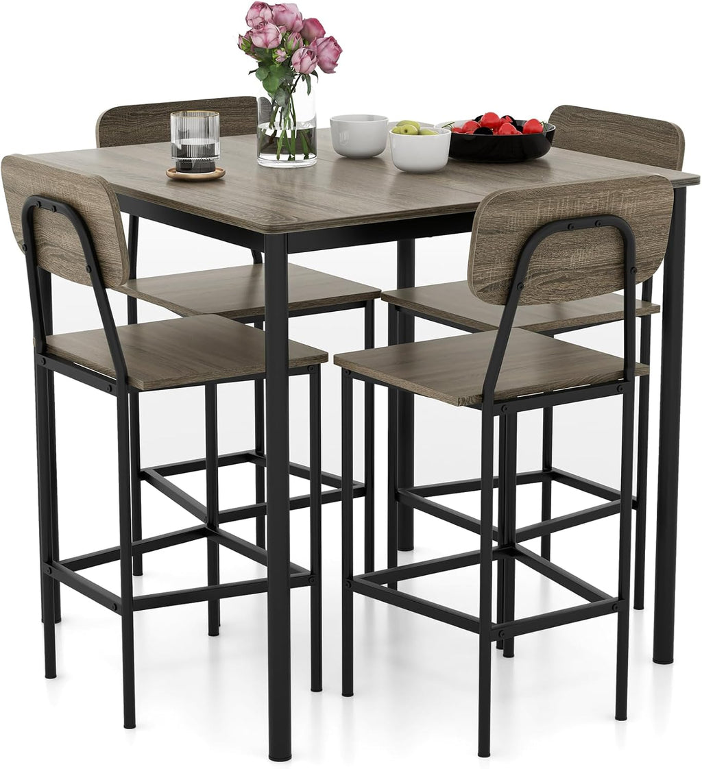 Giantex 5-Piece Dining Table Set W/Counter Height Table & 4 Bar Stools, Modern Kitchen Dining Set W/Footrest & Backrest, Space-Saving Dinette Set for Pub, Dining Room, Restaurant (Black Oak)