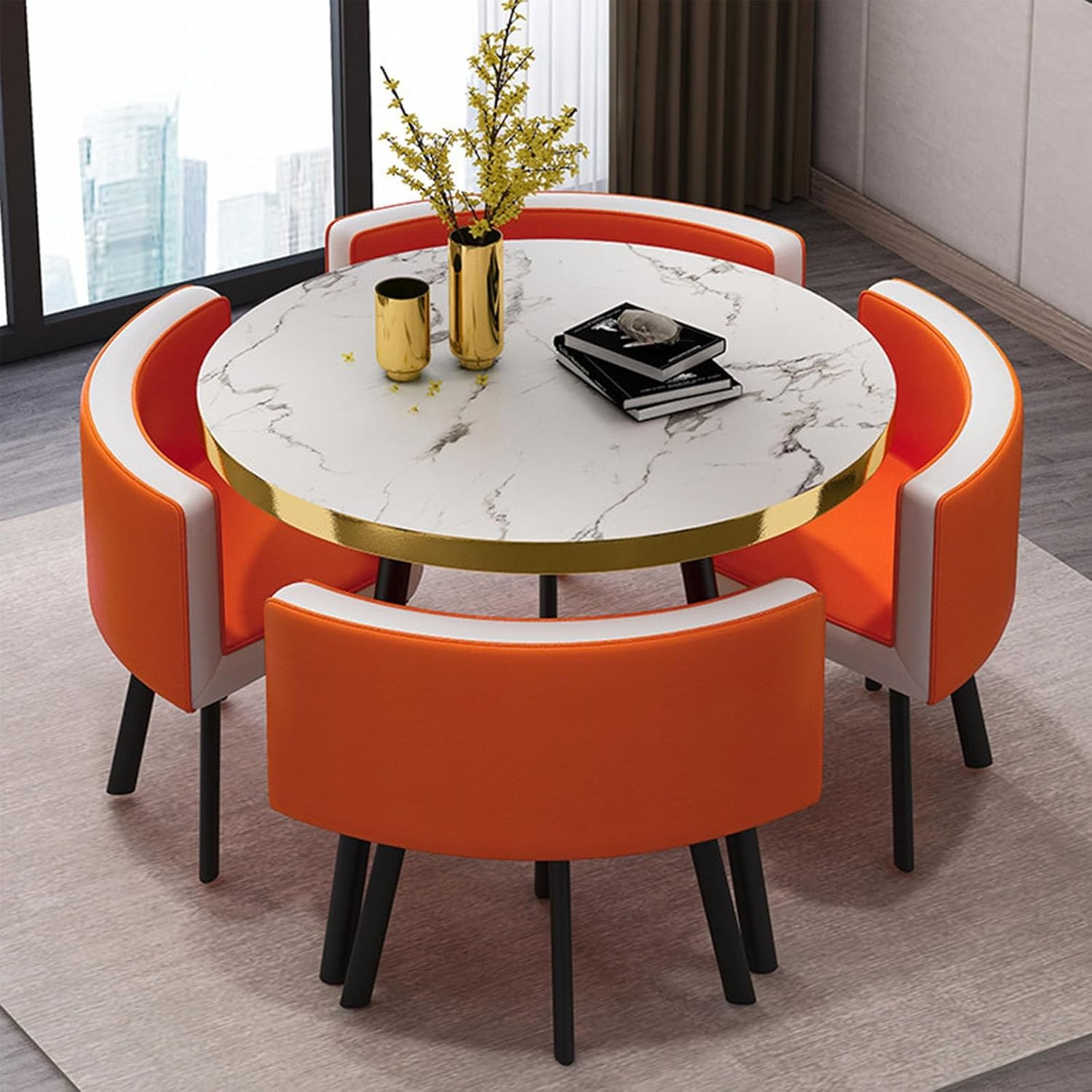 Round Dining Table Set with 4 Chairs, Negotiation Table and Chair Set,Office Reception Room Club Tables for Dining Room,Kitchen,Small Round Tables, Breakfast Bar(Black and Gold,90cm)