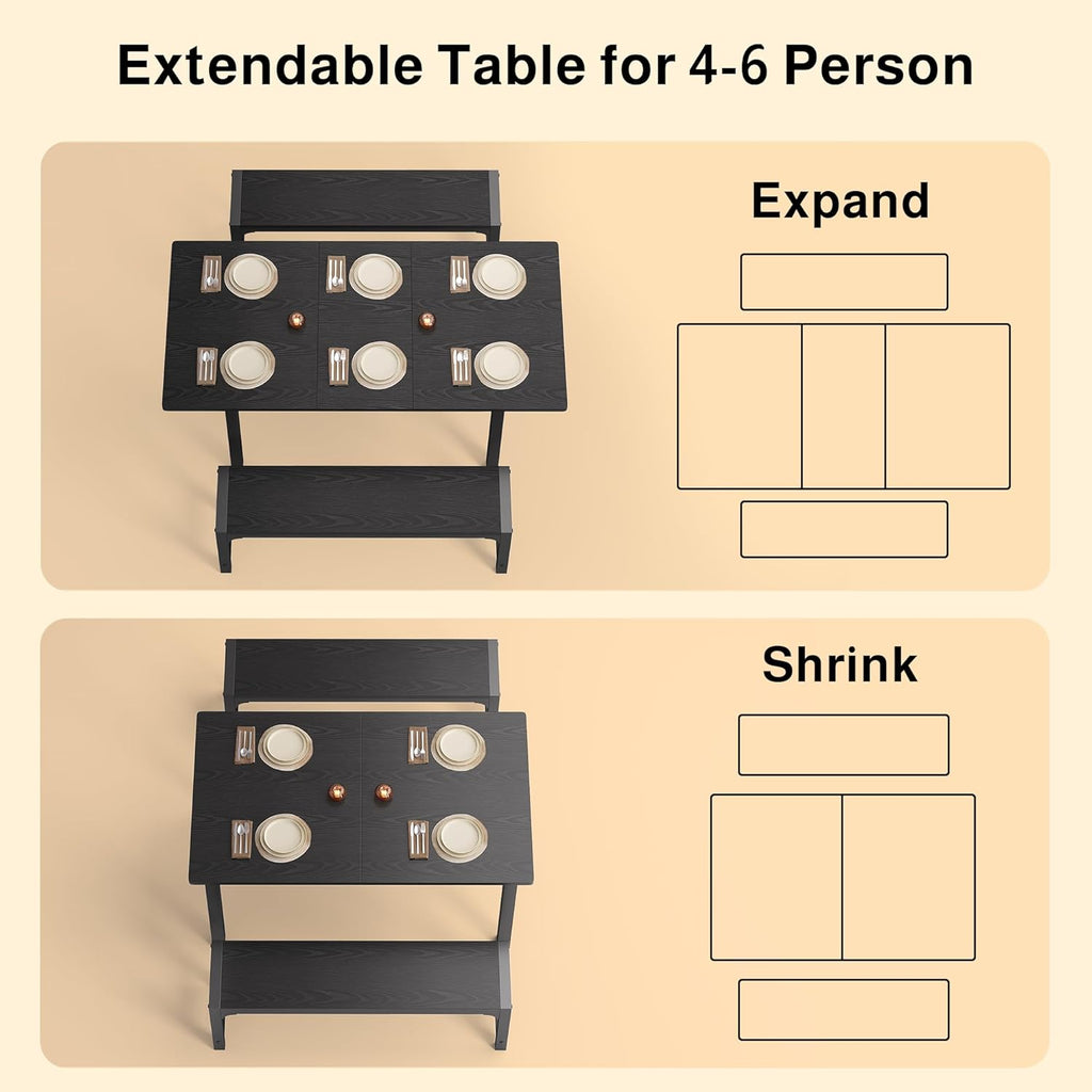 Ahomly 63“ Large Extendable Dining Table Set for 4-6 with 180° Smart-Flip Pivot, Kitchen Table Set with Bench, Dining Room Table with Metal Frame & MDF Board, Perfect for Small Space, Black