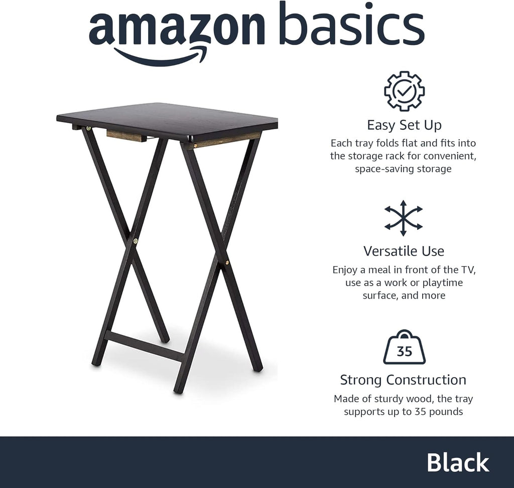 Amazon Basics Portable TV Dinner 4-Pack Rectangular Folding Tray Table with Storage Rack, Black, 15" x 19" x 26"