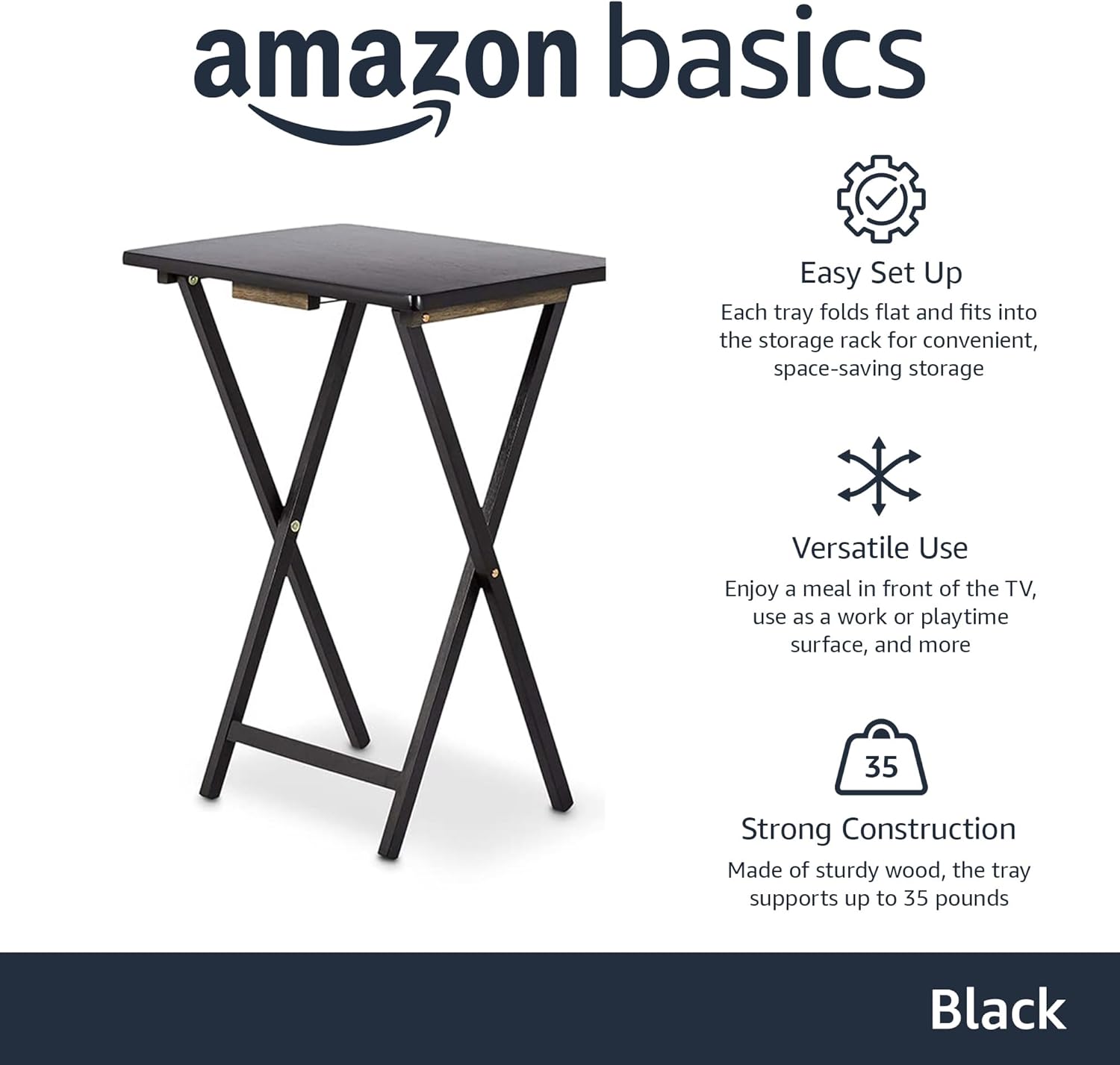 Amazon Basics Portable TV Dinner 4-Pack Rectangular Folding Tray Table with Storage Rack, Black, 15" x 19" x 26"