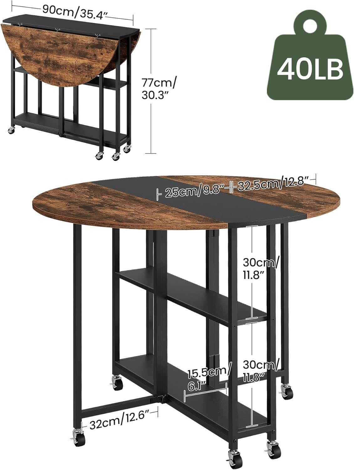 Folding Dining Table, Kitchen Table with 6 Wheels, Folding Round Table with 2-Layer Storage Shelf, Space Saving Dining Table for Small Spaces, Stable, Easy Assembly, Rustic Brown TCZ03BF