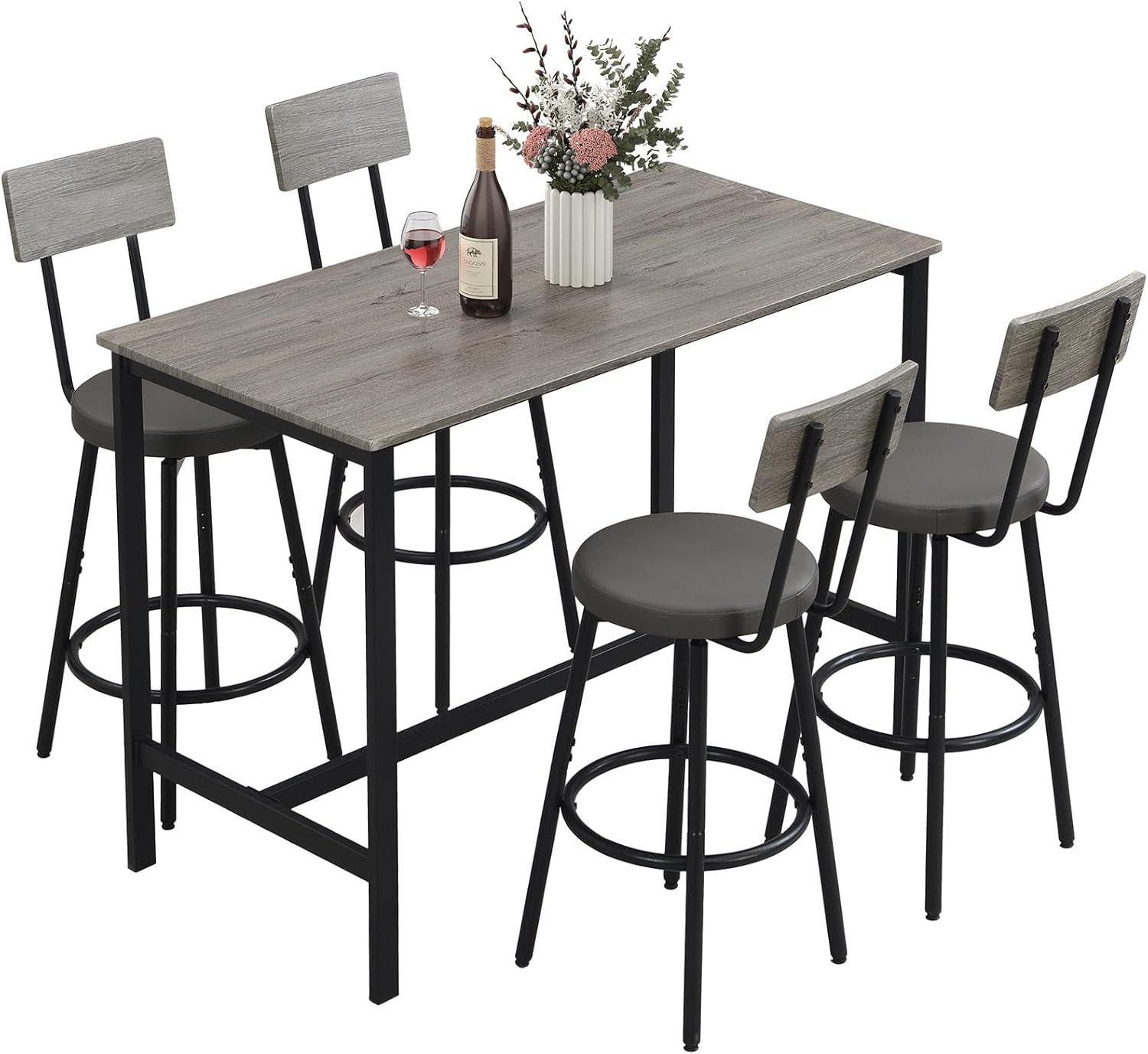 Dining Table Set for 4, 5-Piece Bar Table Set, Kitchen Table and Chairs, Counter Height High Top Table with 4 PU Upholstered Stools, Space-Saving Pub Tables Set for Small Space, Black