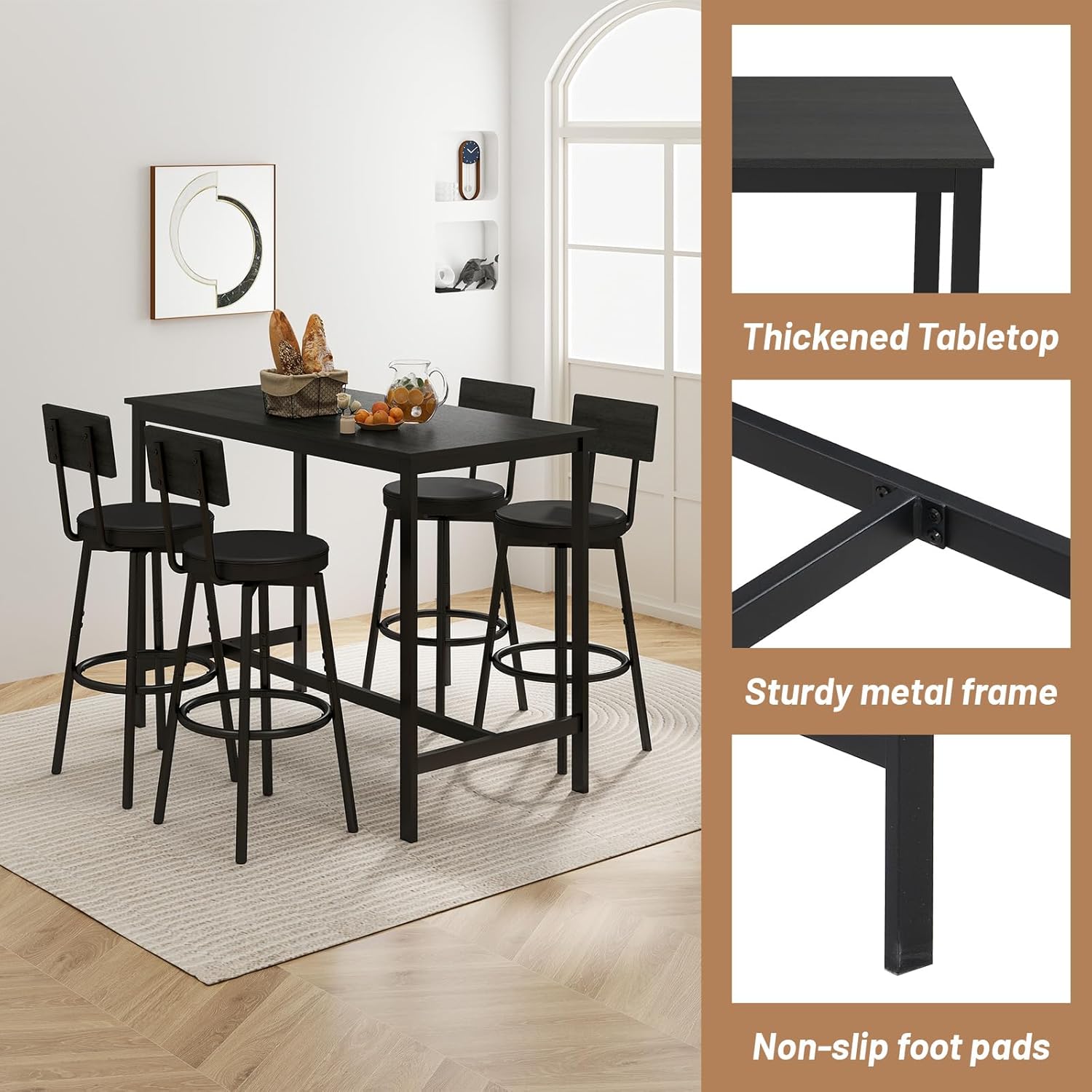 Dining Table Set for 4, 5-Piece Bar Table Set, Kitchen Table and Chairs, Counter Height High Top Table with 4 PU Upholstered Stools, Space-Saving Pub Tables Set for Small Space, Black