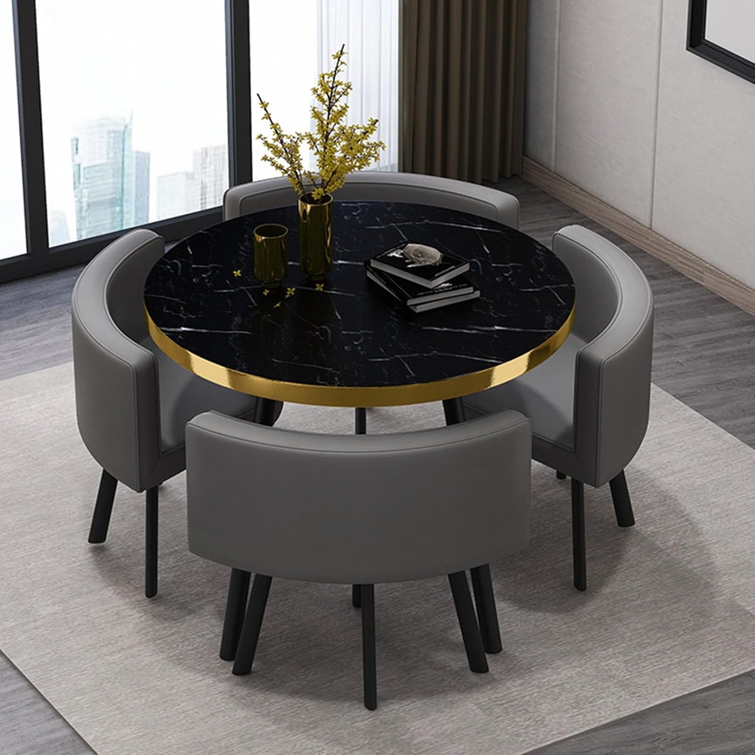 Round Dining Table Set with 4 Chairs, Negotiation Table and Chair Set,Office Reception Room Club Tables for Dining Room,Kitchen,Small Round Tables, Breakfast Bar(Black and Gold,90cm)