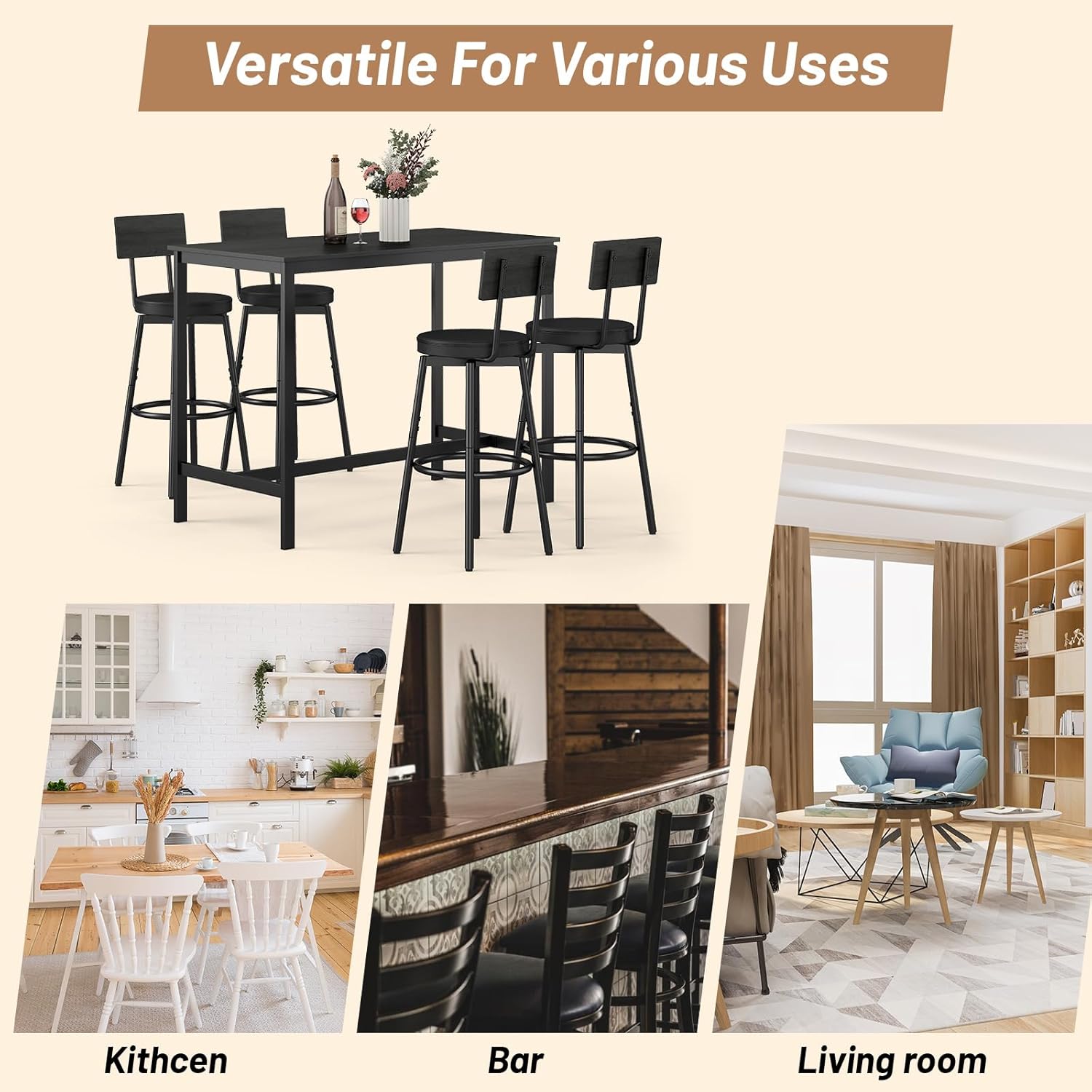 Dining Table Set for 4, 5-Piece Bar Table Set, Kitchen Table and Chairs, Counter Height High Top Table with 4 PU Upholstered Stools, Space-Saving Pub Tables Set for Small Space, Black
