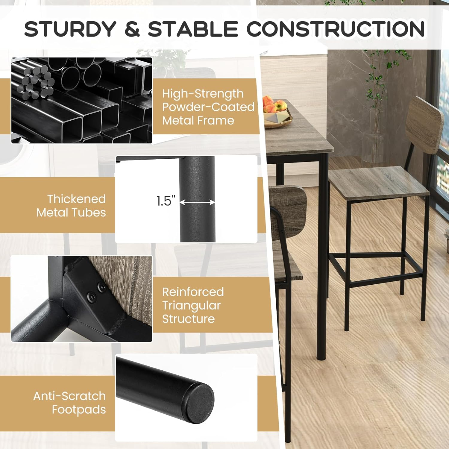 Giantex 5-Piece Dining Table Set W/Counter Height Table & 4 Bar Stools, Modern Kitchen Dining Set W/Footrest & Backrest, Space-Saving Dinette Set for Pub, Dining Room, Restaurant (Black Oak)