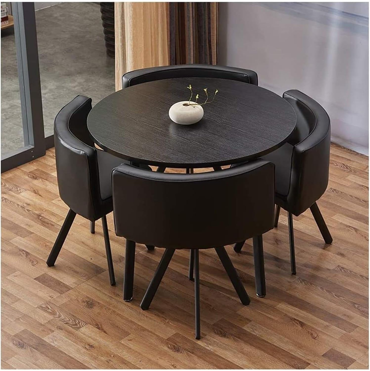 Office Reception Conference Room Round Coffee Table Set W/4 Chairs, Simple Kitchen Dining Table Set Space-Saving Furniture, 1 Table 4 Chairs Meetings Negotiation Desk(Black Cloth)