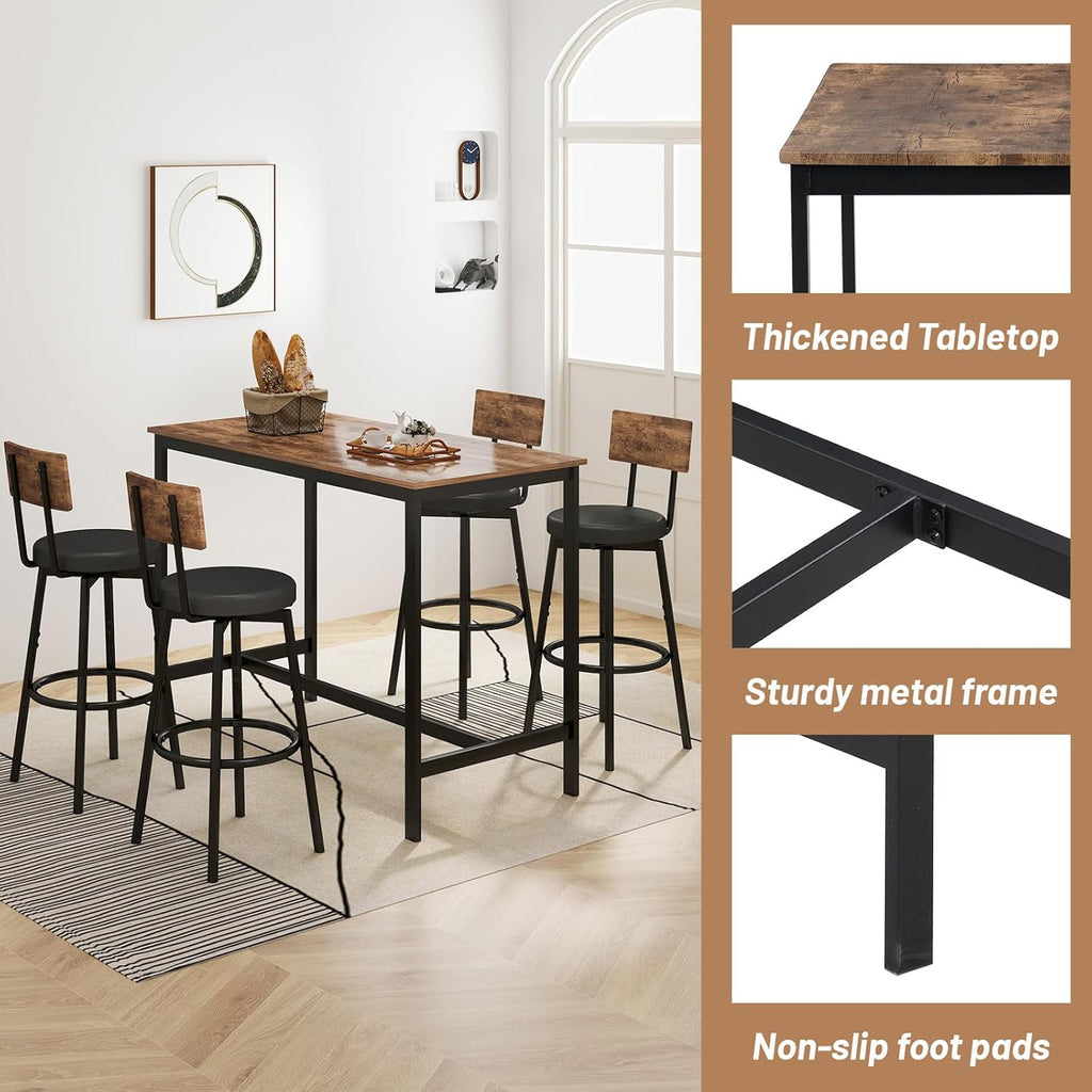 Dining Table Set for 4, 5-Piece Bar Table Set, Kitchen Table and Chairs, Counter Height High Top Table with 4 PU Upholstered Stools, Space-Saving Pub Table Sets for Small Space, Brown