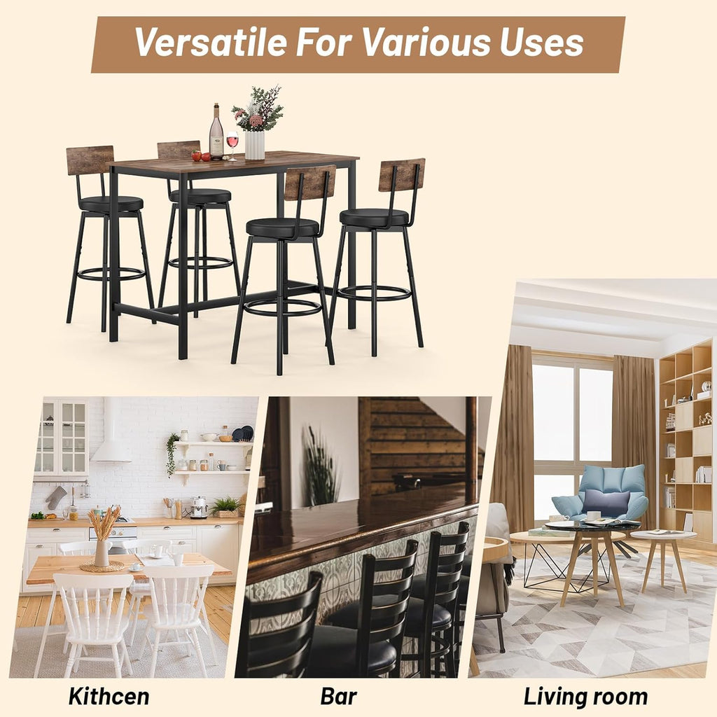 Dining Table Set for 4, 5-Piece Bar Table Set, Kitchen Table and Chairs, Counter Height High Top Table with 4 PU Upholstered Stools, Space-Saving Pub Table Sets for Small Space, Brown