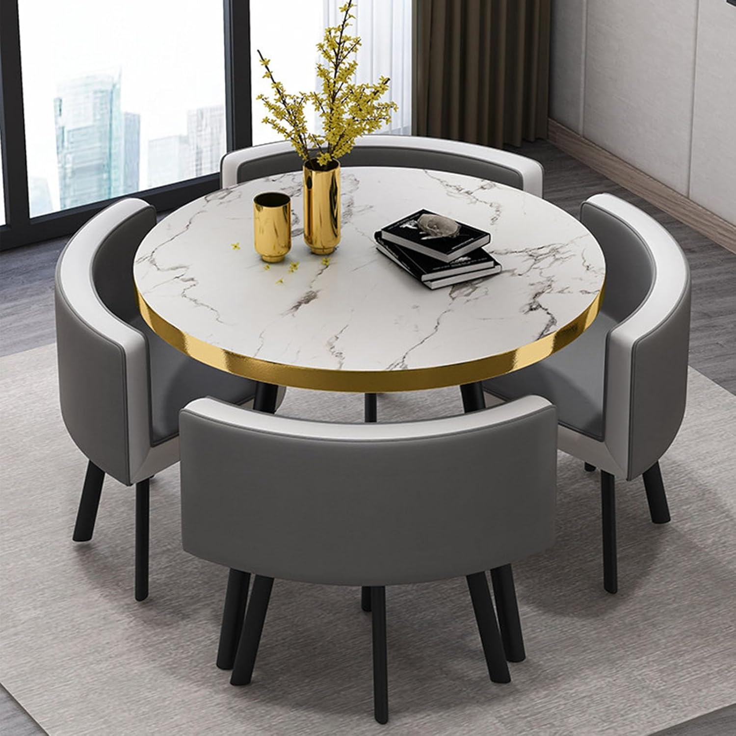Round Dining Table Set with 4 Chairs, Negotiation Table and Chair Set,Office Reception Room Club Tables for Dining Room,Kitchen,Small Round Tables, Breakfast Bar(Black and Gold,90cm)
