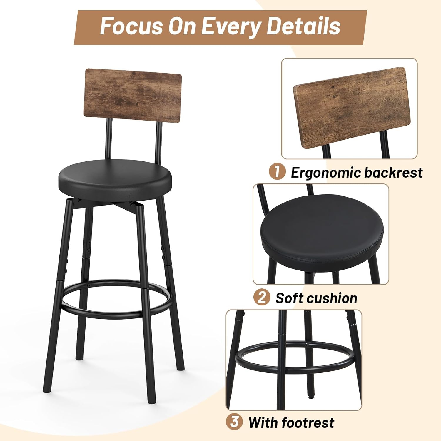Dining Table Set for 4, 5-Piece Bar Table Set, Kitchen Table and Chairs, Counter Height High Top Table with 4 PU Upholstered Stools, Space-Saving Pub Table Sets for Small Space, Brown