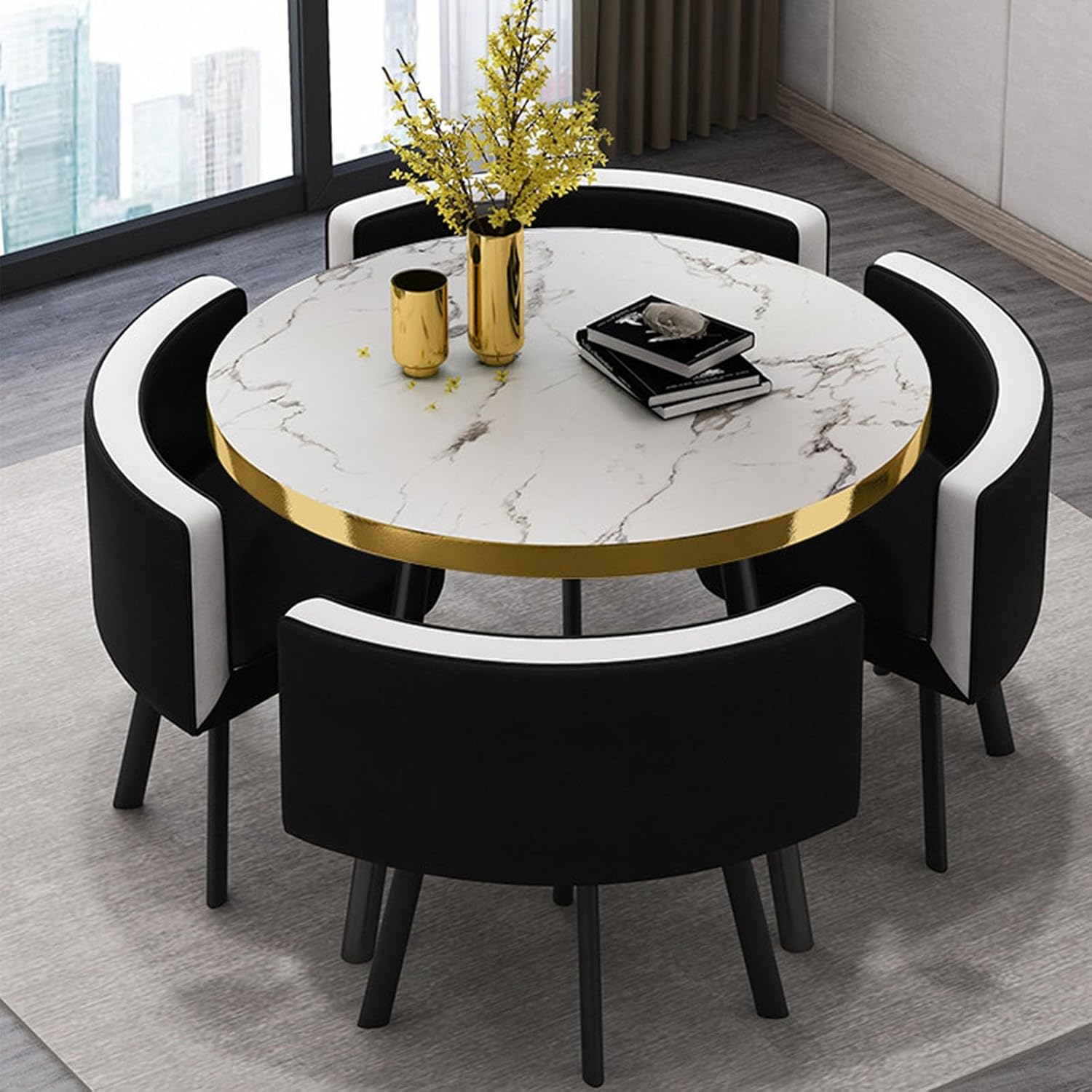 Round Dining Table Set with 4 Chairs, Negotiation Table and Chair Set,Office Reception Room Club Tables for Dining Room,Kitchen,Small Round Tables, Breakfast Bar(Black and Gold,90cm)