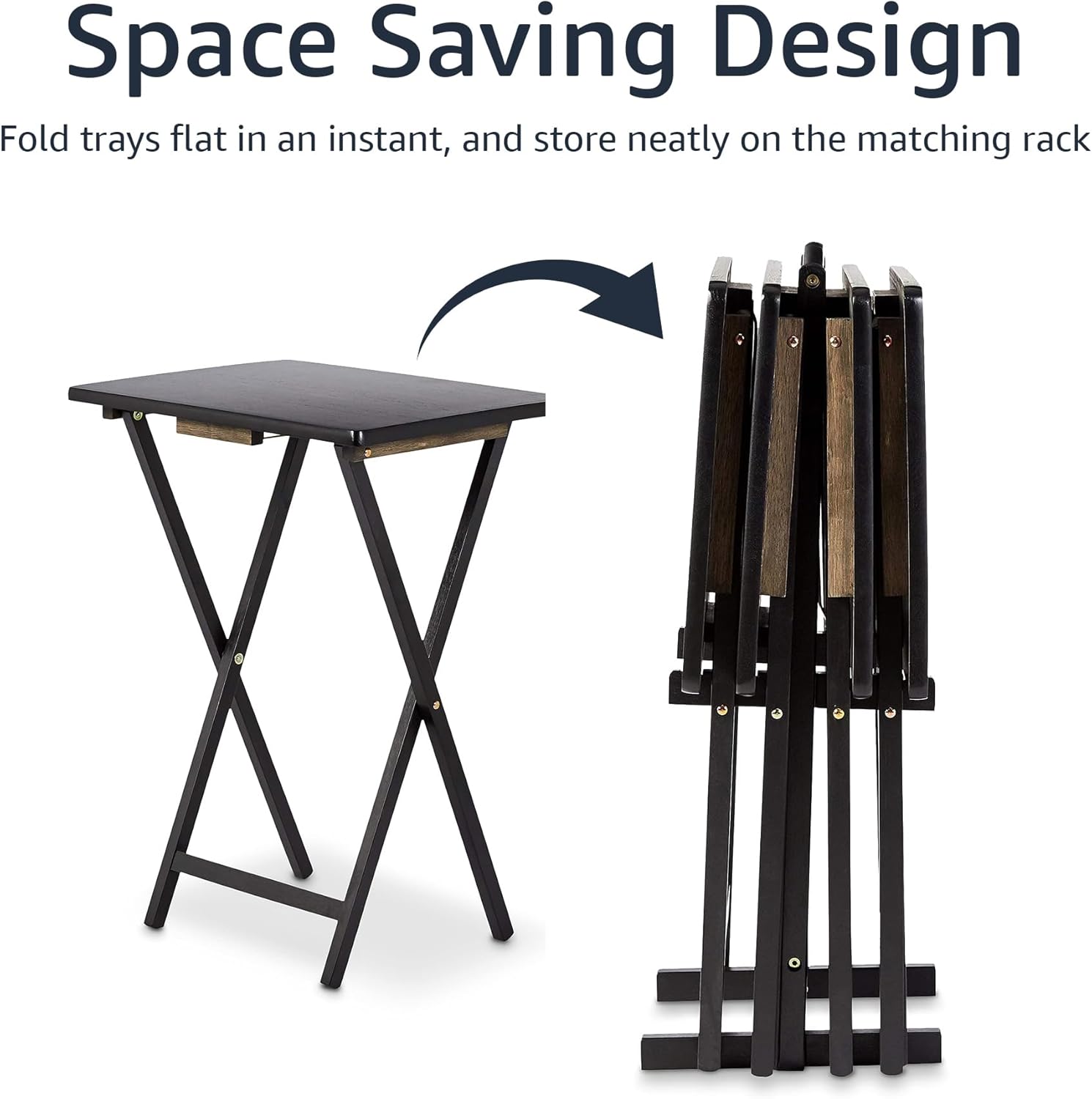 Amazon Basics Portable TV Dinner 4-Pack Rectangular Folding Tray Table with Storage Rack, Black, 15" x 19" x 26"