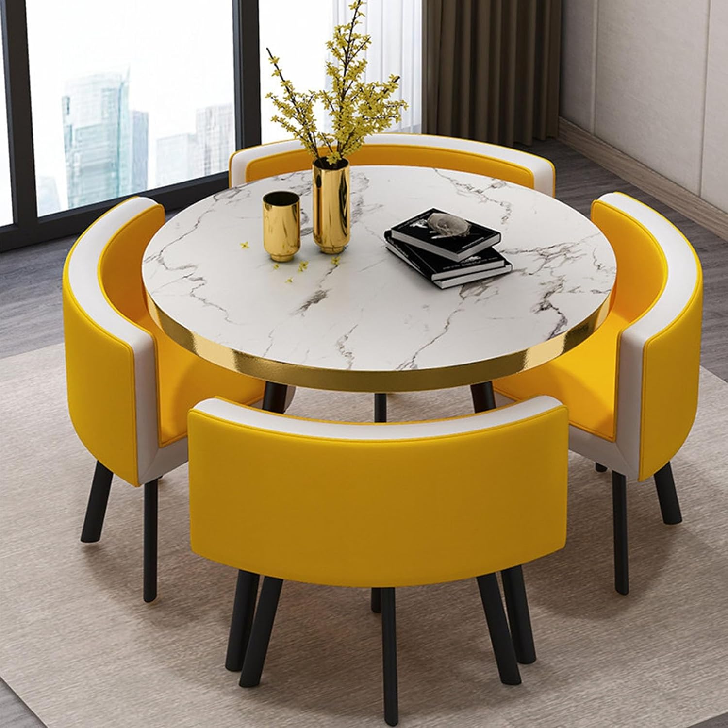 Round Dining Table Set with 4 Chairs, Negotiation Table and Chair Set,Office Reception Room Club Tables for Dining Room,Kitchen,Small Round Tables, Breakfast Bar(Black and Gold,90cm)