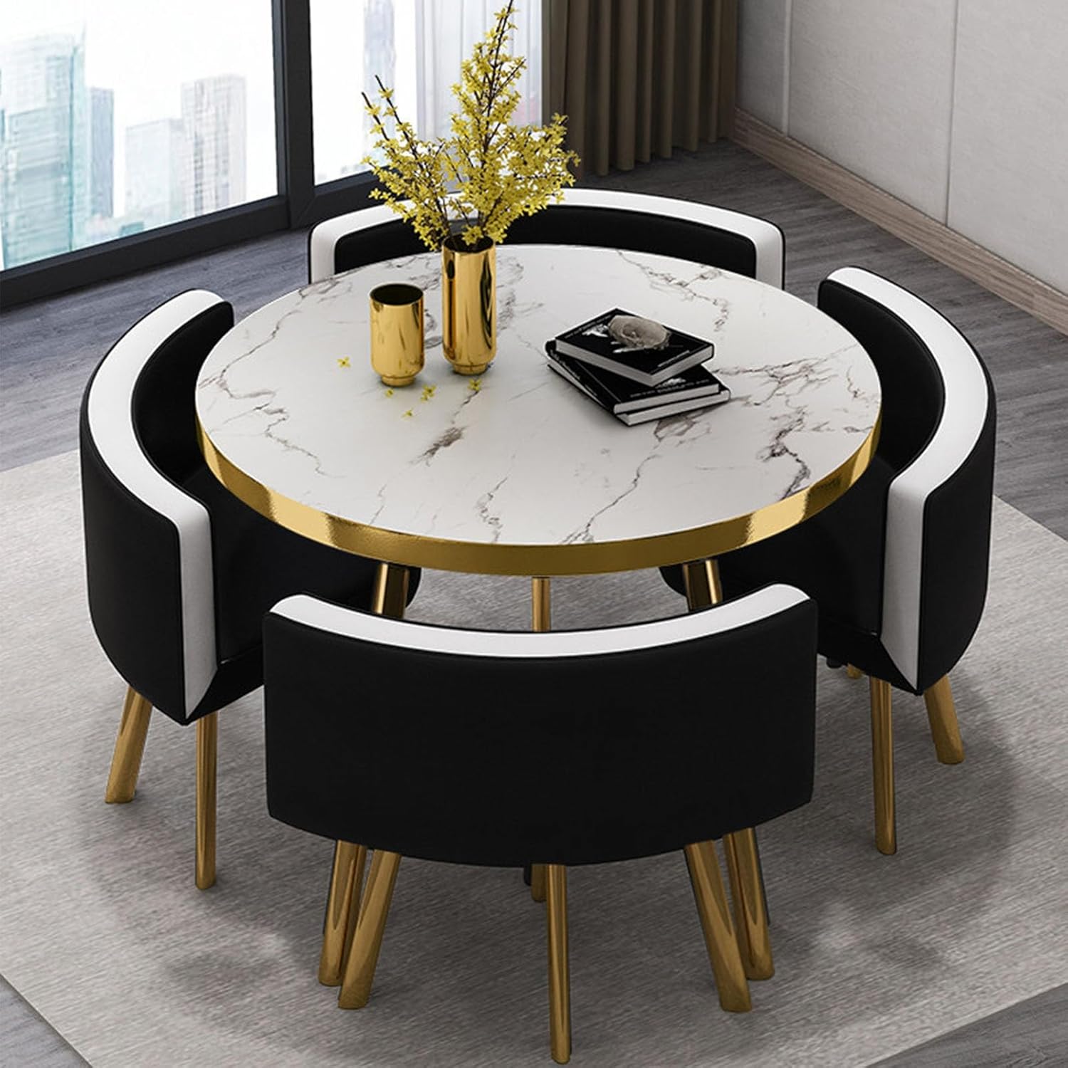 Round Dining Table Set with 4 Chairs, Negotiation Table and Chair Set,Office Reception Room Club Tables for Dining Room,Kitchen,Small Round Tables, Breakfast Bar(Black and Gold,90cm)
