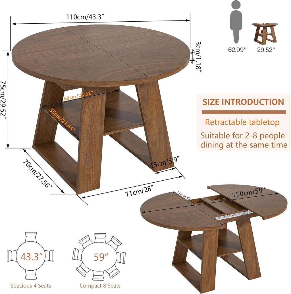 43.3in-59in Extendable Round Dining Table for 4-8, Modern Kitchen Oval Dining Table with Removable Leaves Space Saving, Wood Base with Storage Shelf for Kitchen Living Room, Walnut Style 2