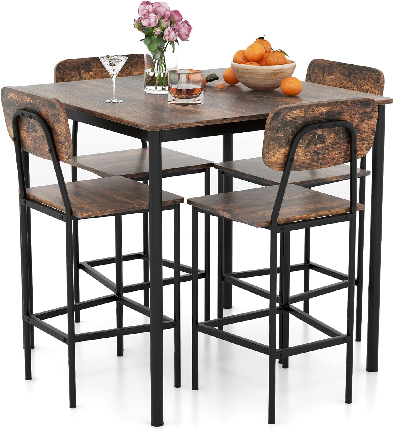 Giantex 5-Piece Dining Table Set W/Counter Height Table & 4 Bar Stools, Modern Kitchen Dining Set W/Footrest & Backrest, Space-Saving Dinette Set for Pub, Dining Room, Restaurant (Black Oak)