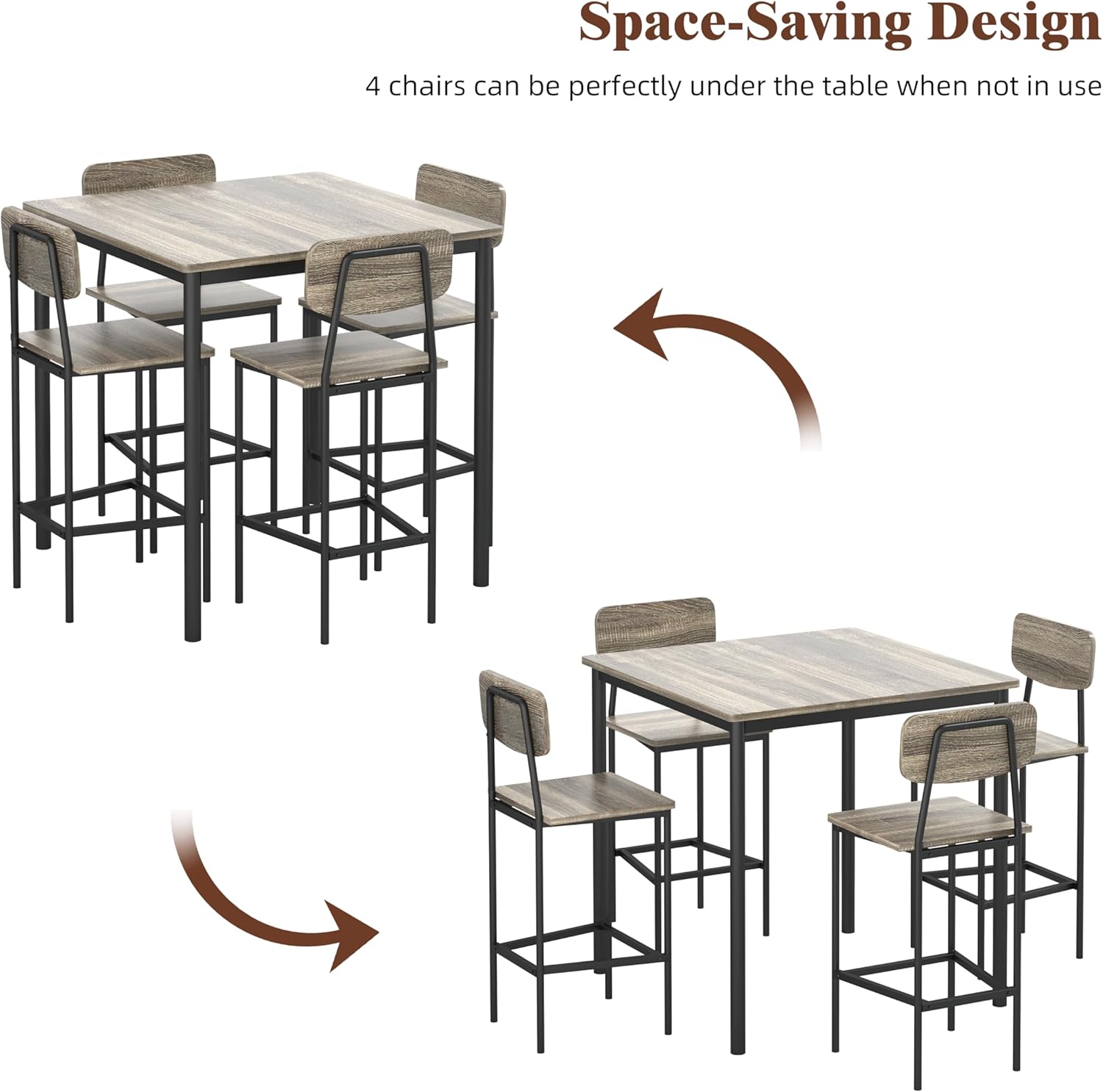 Kitchen Table and Chairs of 4, 5 Piece Dining Table Set, Sturdy Industrial Space Saving Dinette Set for Pub, Family Dinners, Apartment, Gray