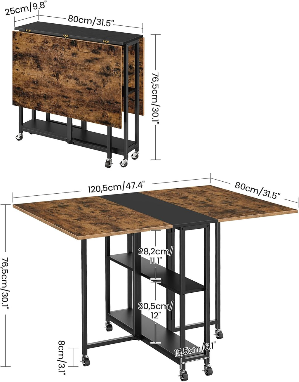 Folding Dining Table, Movable Dining Table, Expandable Kitchen Table, Versatile Table with 6 Wheels and 2-Tier Shelf, for Dining, Living Room, Apartment, Rustic Brown TCZ01BF