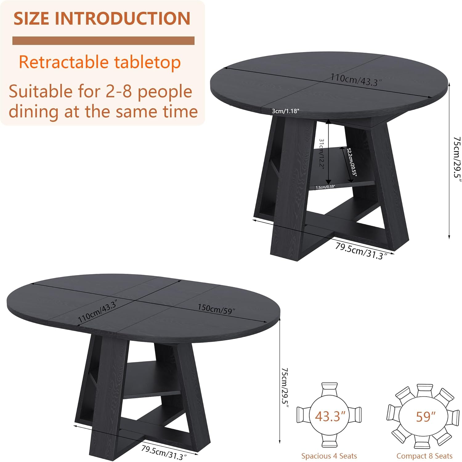 43.3in-59in Extendable Round Dining Table for 4-8,Modern Kitchen Oval Dining Table with Removable Leaves Space Saving,Wood Base with Storage Shelf for Kitchen Living Room (Black)
