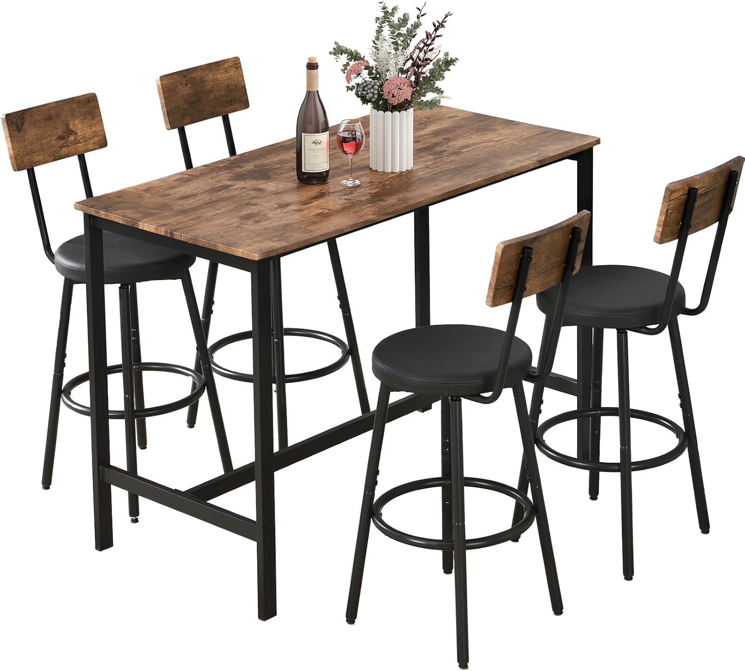 Dining Table Set for 4, 5-Piece Bar Table Set, Kitchen Table and Chairs, Counter Height High Top Table with 4 PU Upholstered Stools, Space-Saving Pub Tables Set for Small Space, Black