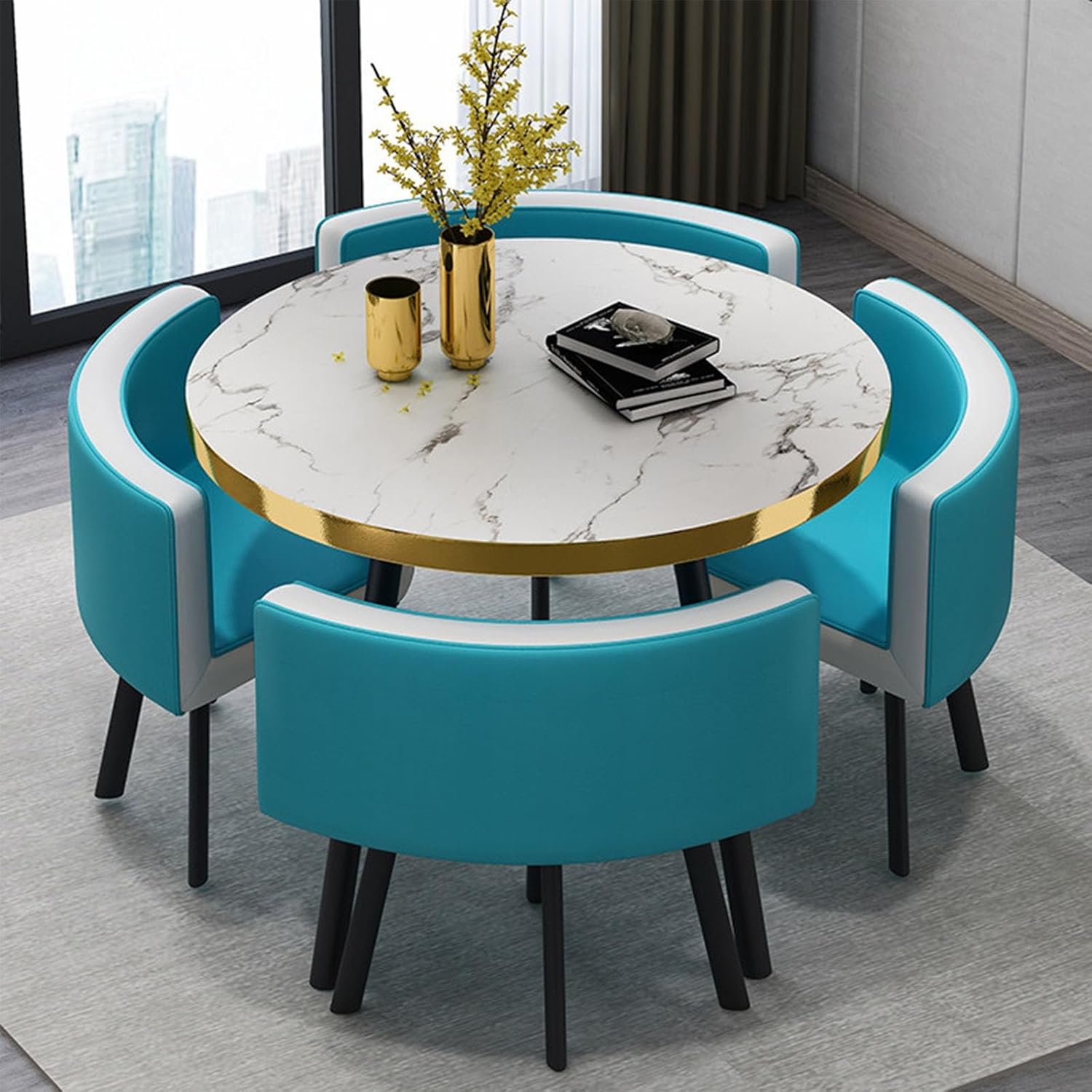 Round Dining Table Set with 4 Chairs, Negotiation Table and Chair Set,Office Reception Room Club Tables for Dining Room,Kitchen,Small Round Tables, Breakfast Bar(Black and Gold,90cm)