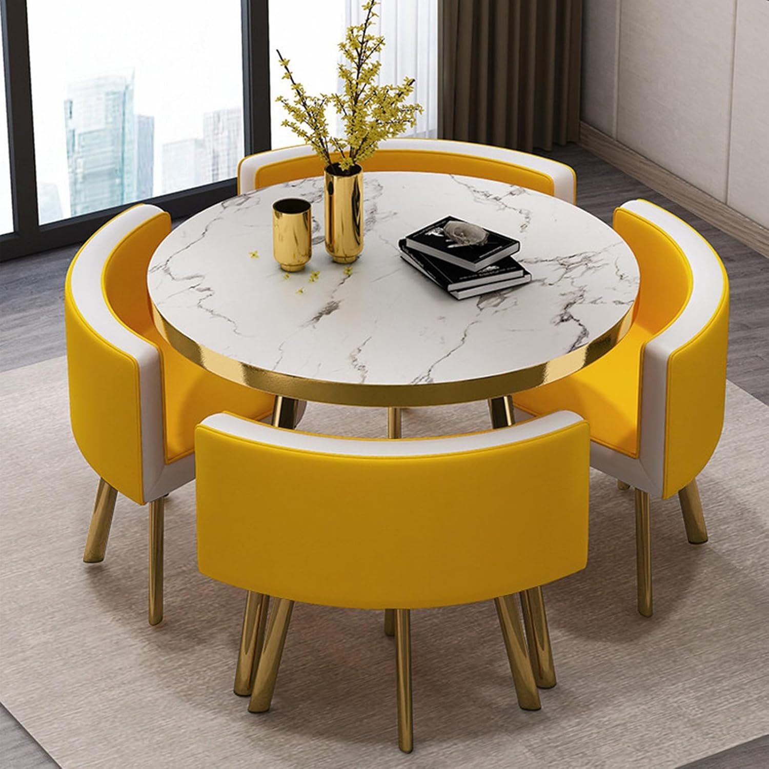 Round Dining Table Set with 4 Chairs, Negotiation Table and Chair Set,Office Reception Room Club Tables for Dining Room,Kitchen,Small Round Tables, Breakfast Bar(Black and Gold,90cm)