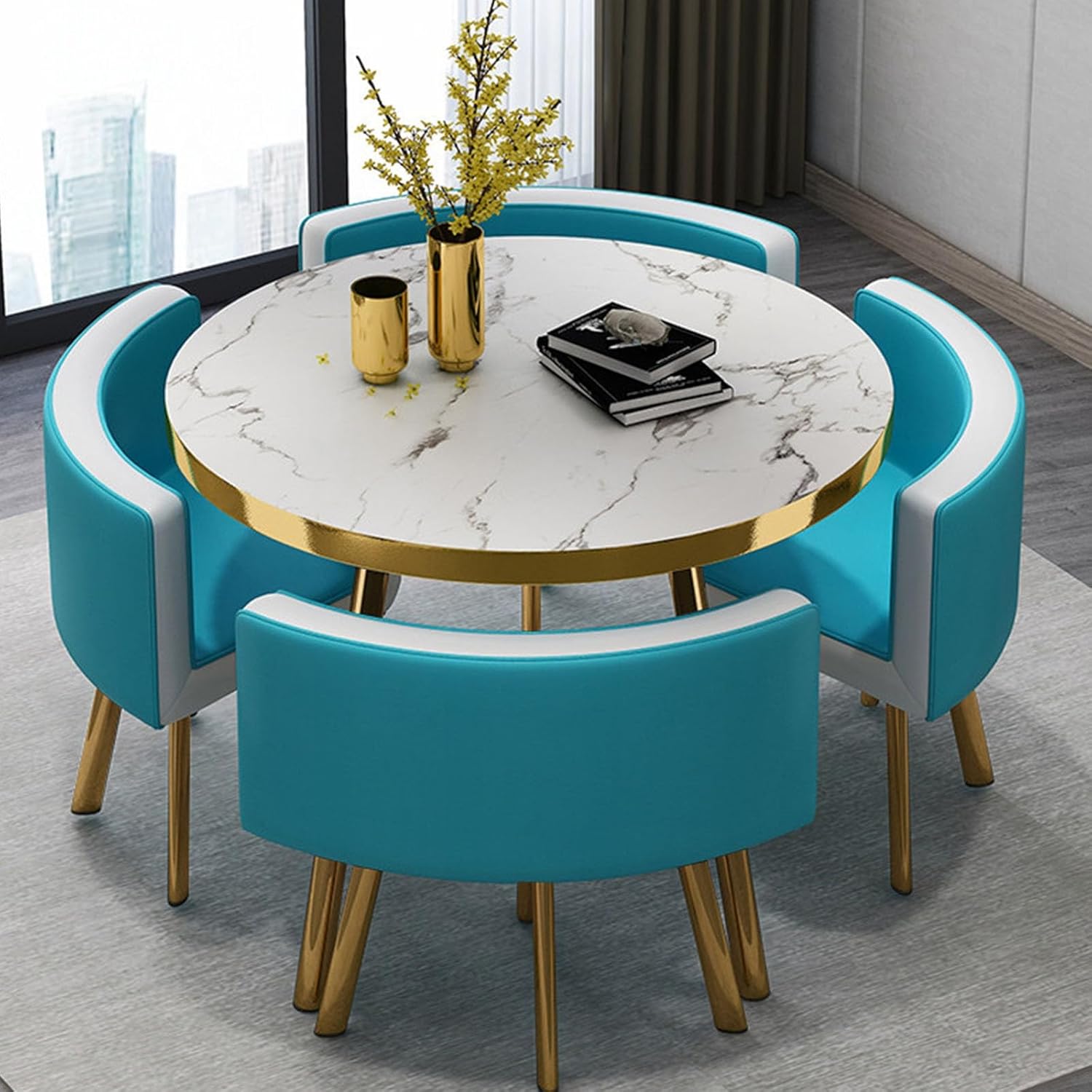 Round Dining Table Set with 4 Chairs, Negotiation Table and Chair Set,Office Reception Room Club Tables for Dining Room,Kitchen,Small Round Tables, Breakfast Bar(Black and Gold,90cm)