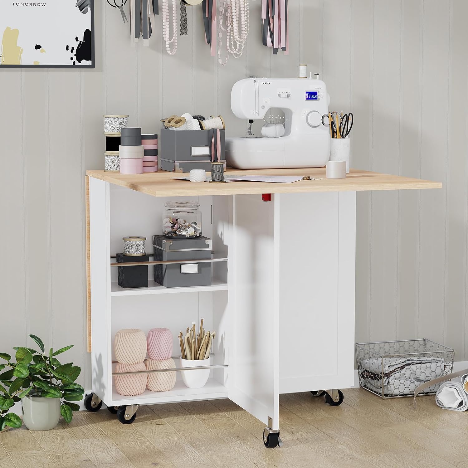 Folding Dining Table, Dinner Table with Drawer and Storage and Shelves, Space Saving Dining Table with 6 Wheels, Kitchen Table for Small Spaces (Light Brown)