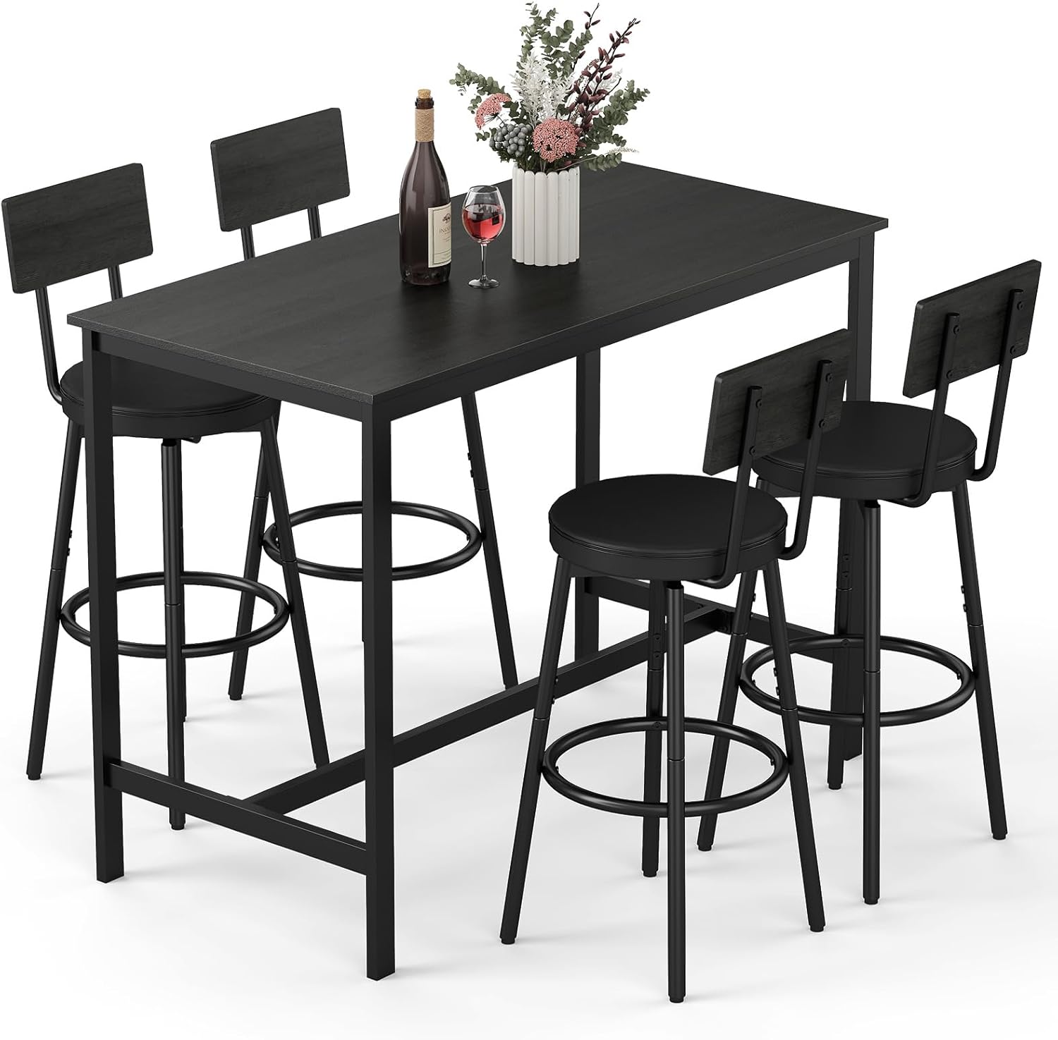 Dining Table Set for 4, 5-Piece Bar Table Set, Kitchen Table and Chairs, Counter Height High Top Table with 4 PU Upholstered Stools, Space-Saving Pub Table Sets for Small Space, Brown