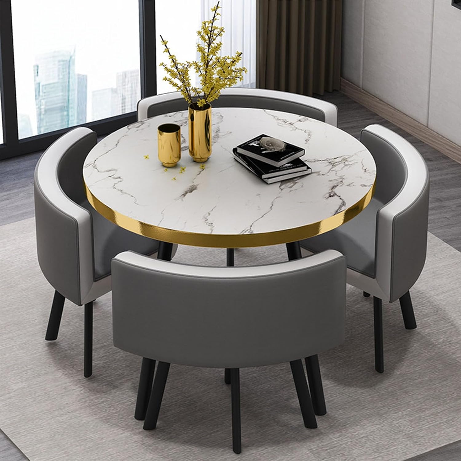 Round Dining Table Set with 4 Chairs, Negotiation Table and Chair Set,Office Reception Room Club Tables for Dining Room,Kitchen,Small Round Tables, Breakfast Bar(Black and Gold,90cm)