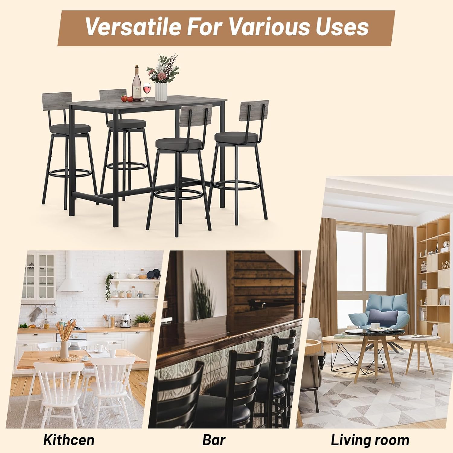 Dining Table Set for 4, 5-Piece Bar Table Set, Kitchen Table and Chairs, Counter Height High Top Table with 4 PU Upholstered Stools, Space-Saving Pub Table Sets for Small Space, Gray