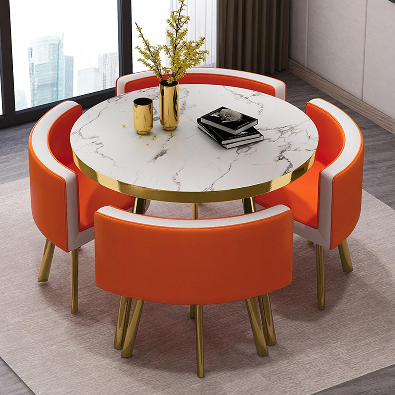 Round Dining Table Set with 4 Chairs, Negotiation Table and Chair Set,Office Reception Room Club Tables for Dining Room,Kitchen,Small Round Tables, Breakfast Bar(Black and Gold,90cm)