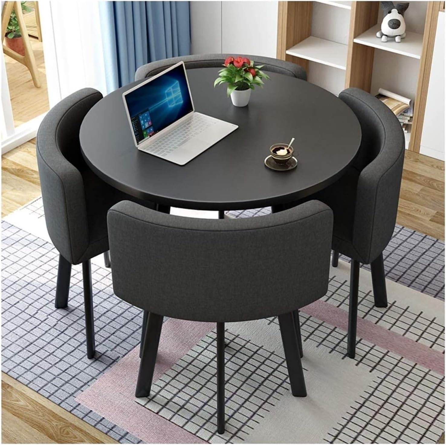 Office Reception Conference Room Round Coffee Table Set W/4 Chairs, Simple Kitchen Dining Table Set Space-Saving Furniture, 1 Table 4 Chairs Meetings Negotiation Desk(Black Cloth)