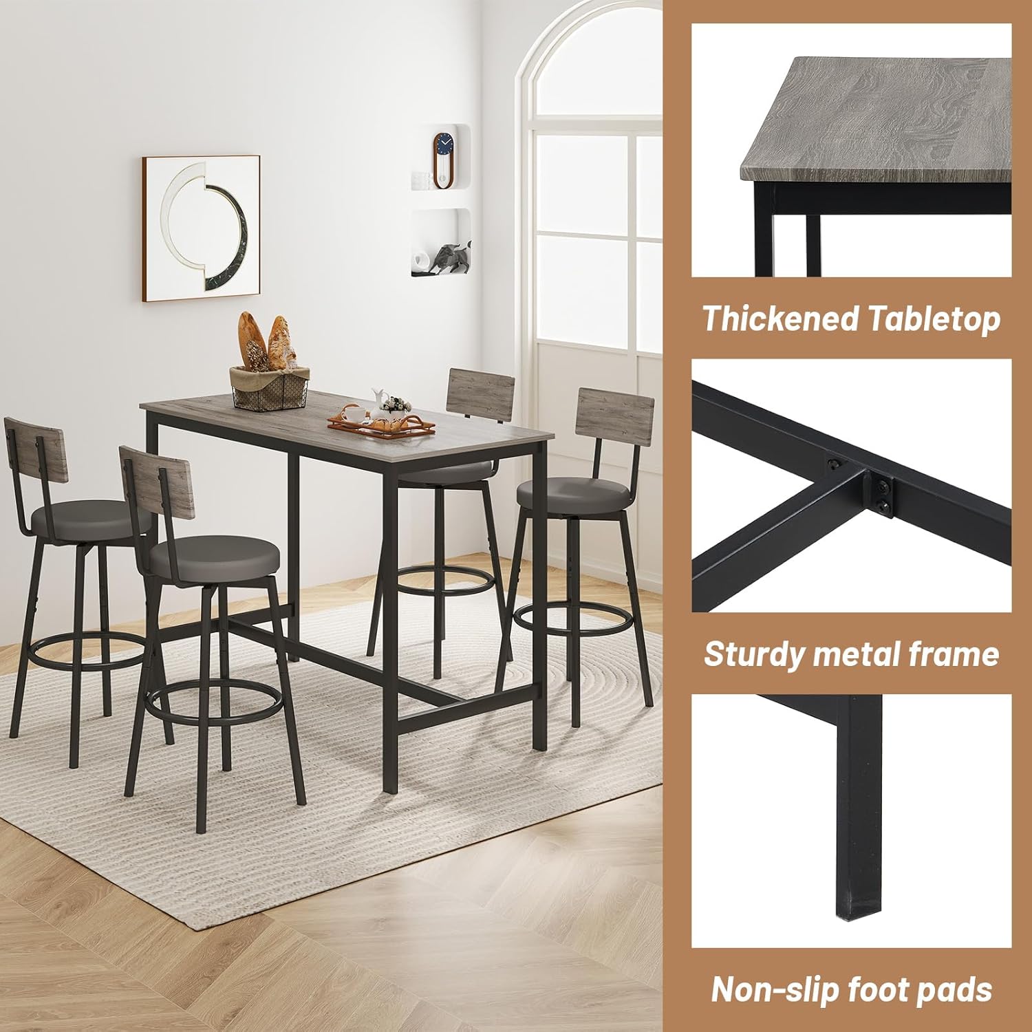 Dining Table Set for 4, 5-Piece Bar Table Set, Kitchen Table and Chairs, Counter Height High Top Table with 4 PU Upholstered Stools, Space-Saving Pub Table Sets for Small Space, Gray