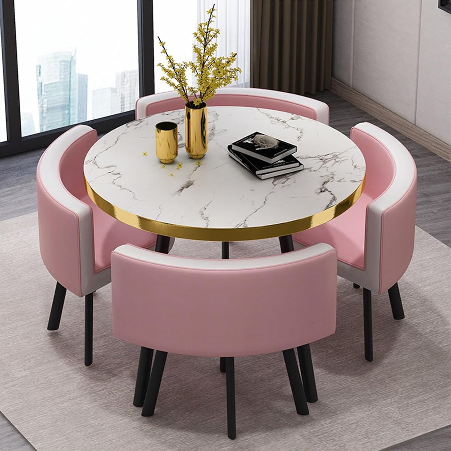 Round Dining Table Set with 4 Chairs, Negotiation Table and Chair Set,Office Reception Room Club Tables for Dining Room,Kitchen,Small Round Tables, Breakfast Bar(Black and Gold,90cm)