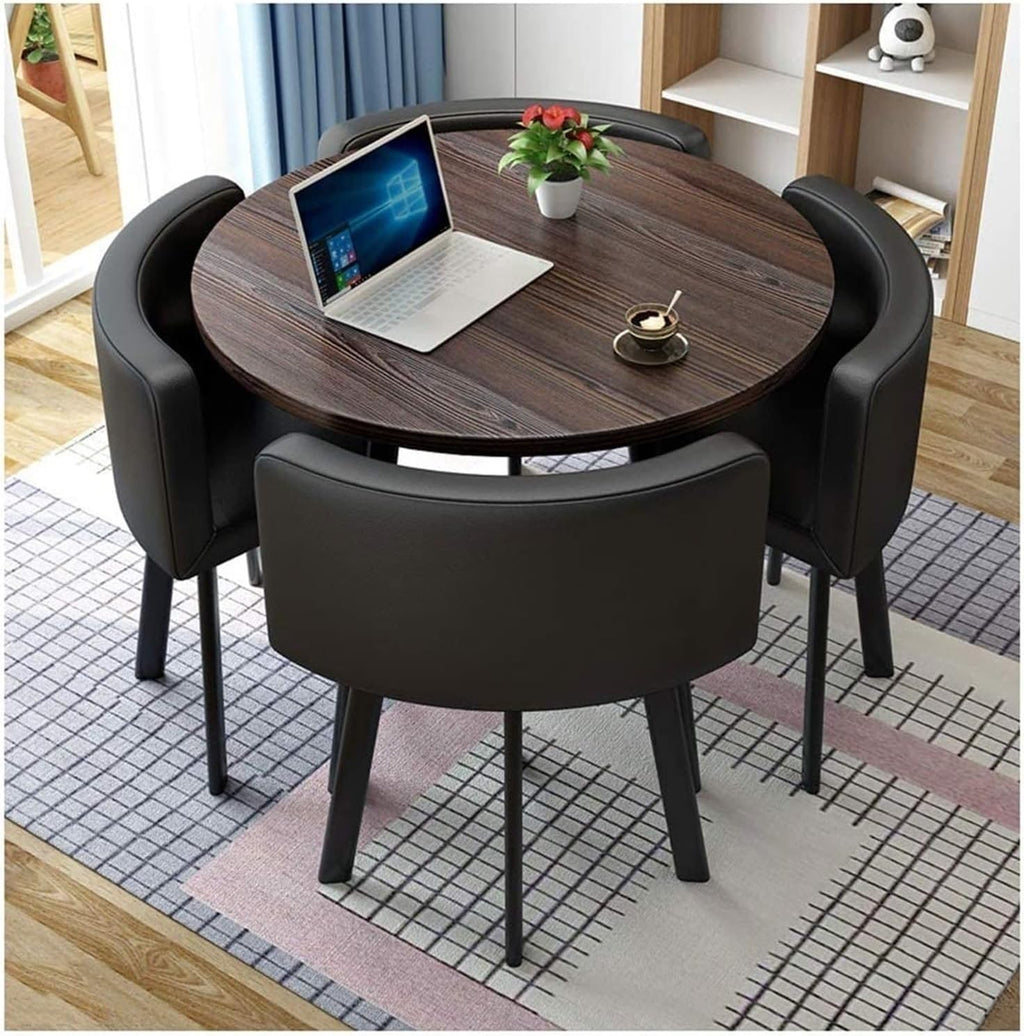 Office Reception Conference Room Round Coffee Table Set W/4 Chairs, Simple Kitchen Dining Table Set Space-Saving Furniture, 1 Table 4 Chairs Meetings Negotiation Desk(Black Cloth)