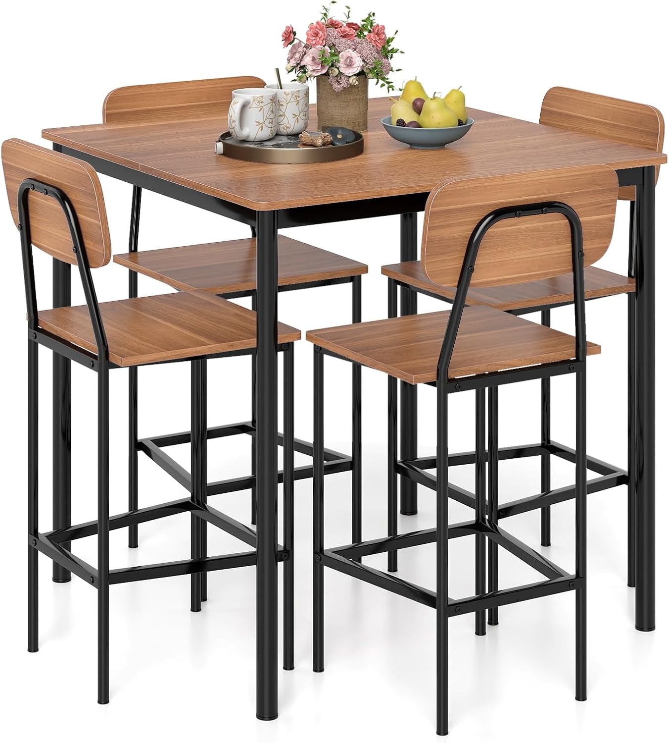 Giantex 5-Piece Dining Table Set W/Counter Height Table & 4 Bar Stools, Modern Kitchen Dining Set W/Footrest & Backrest, Space-Saving Dinette Set for Pub, Dining Room, Restaurant (Black Oak)